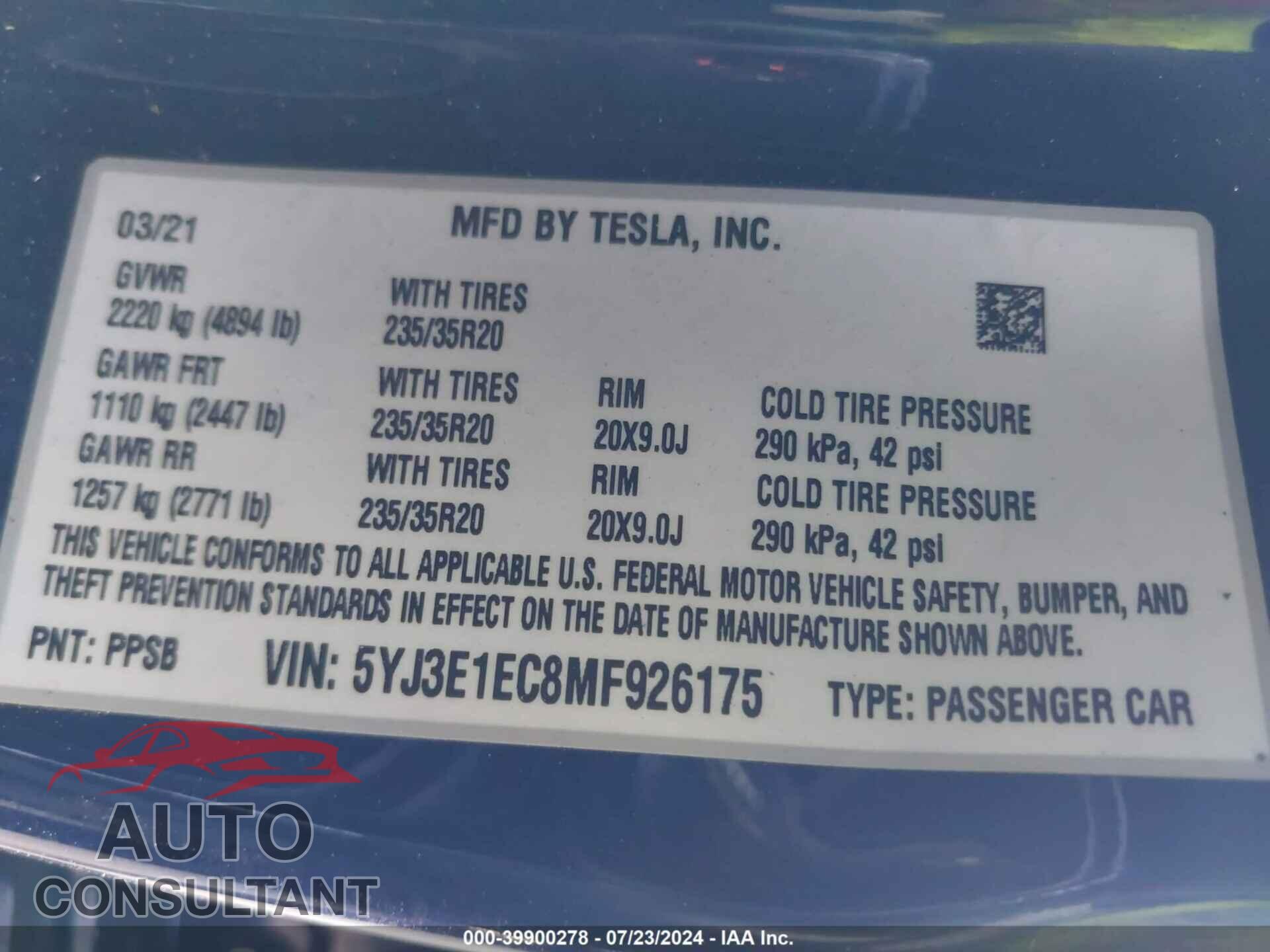 TESLA MODEL 3 2021 - 5YJ3E1EC8MF926175