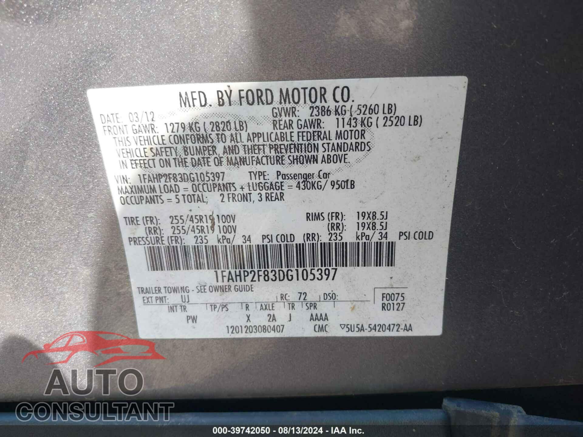 FORD TAURUS 2013 - 1FAHP2F83DG105397
