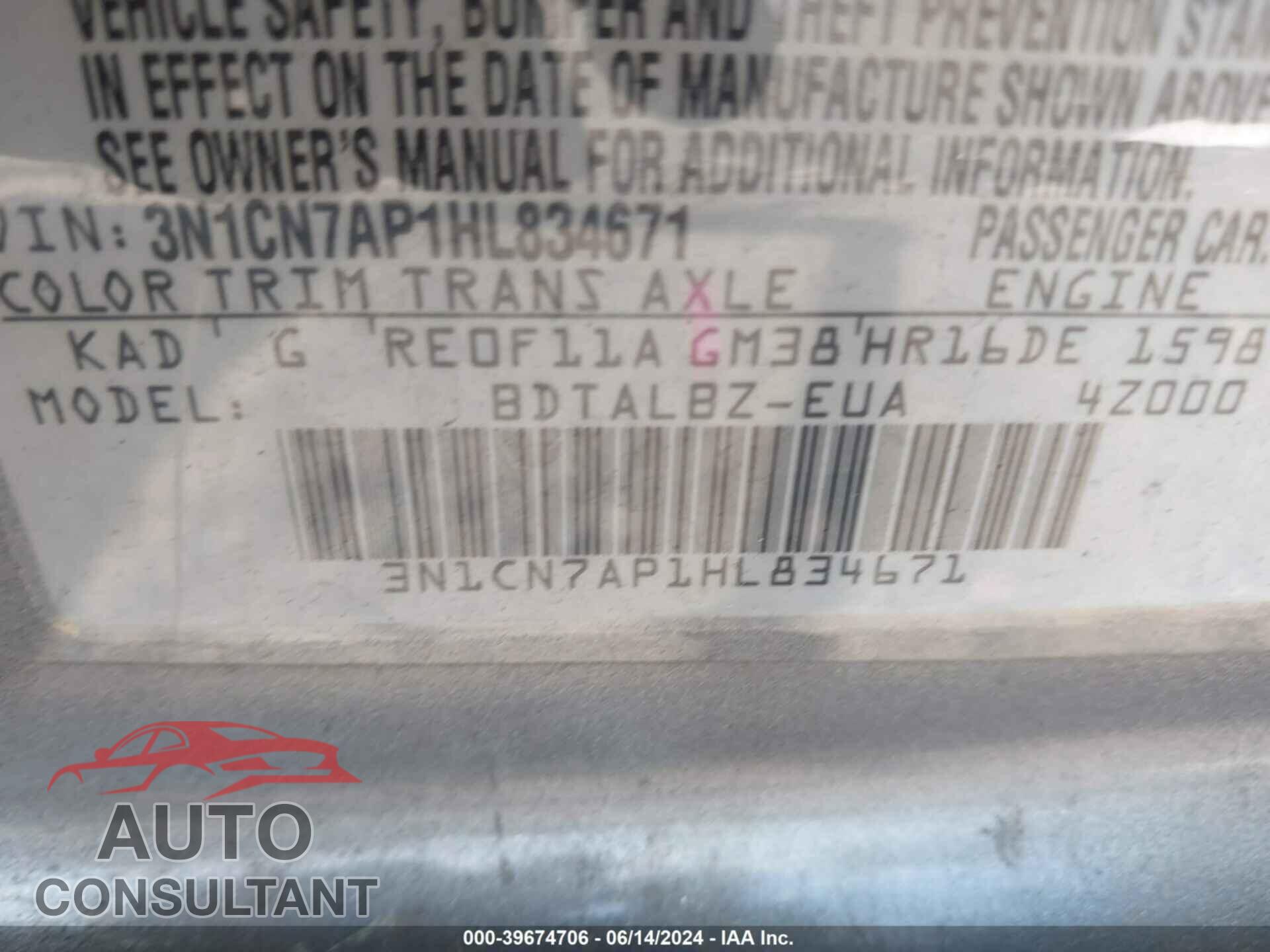 NISSAN VERSA 2017 - 3N1CN7AP1HL834671