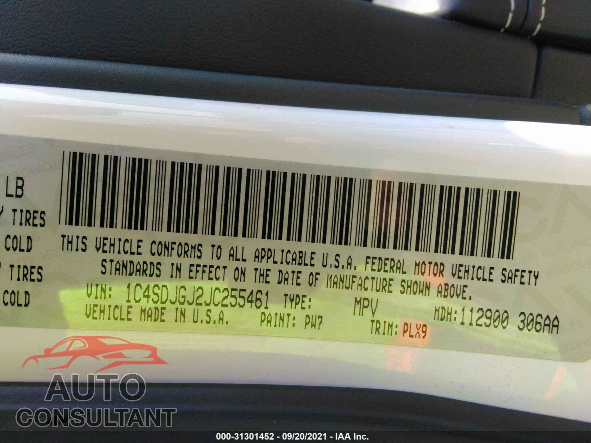 DODGE DURANGO 2018 - 1C4SDJGJ2JC255461