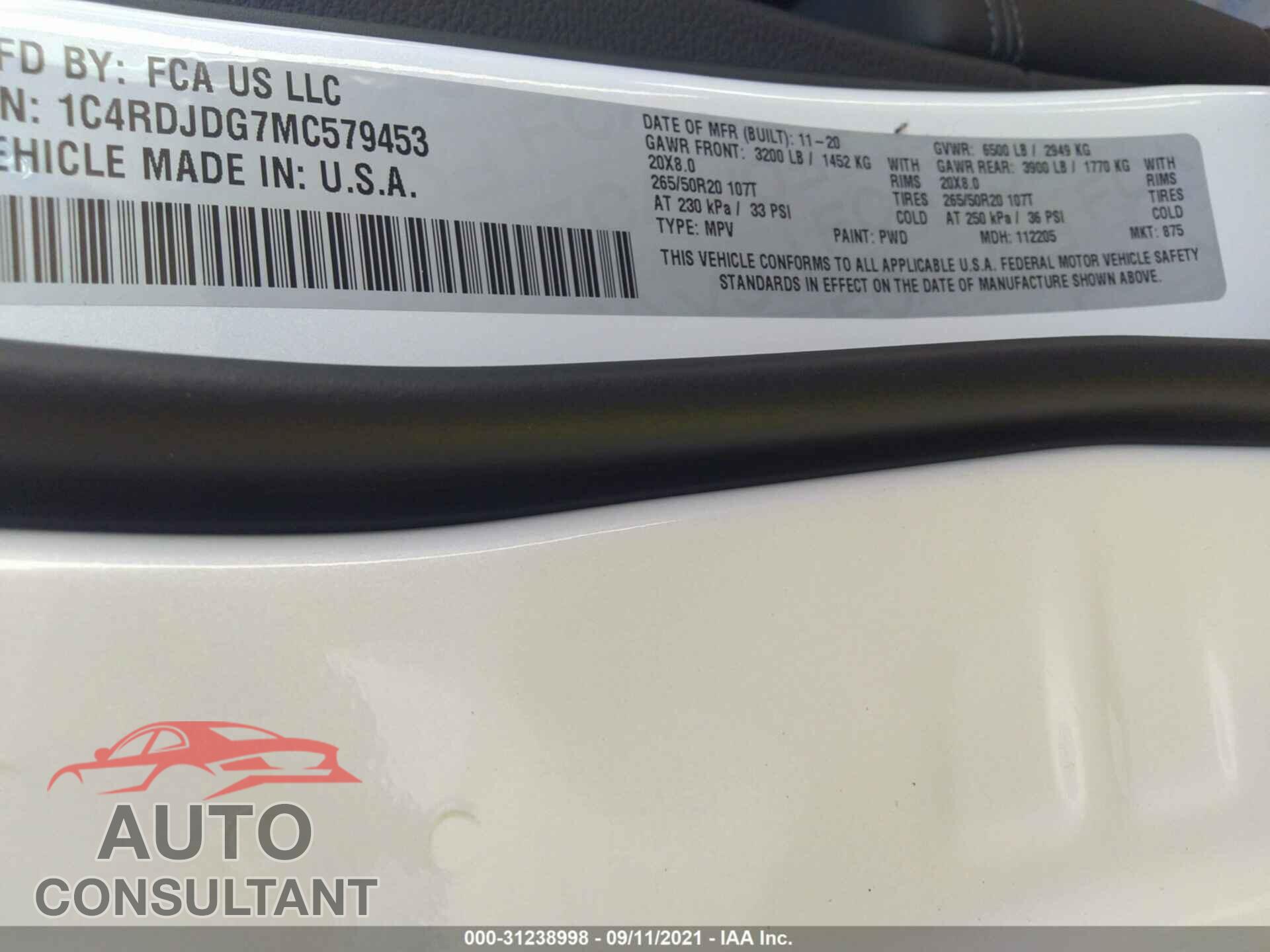 DODGE DURANGO 2021 - 1C4RDJDG7MC579453