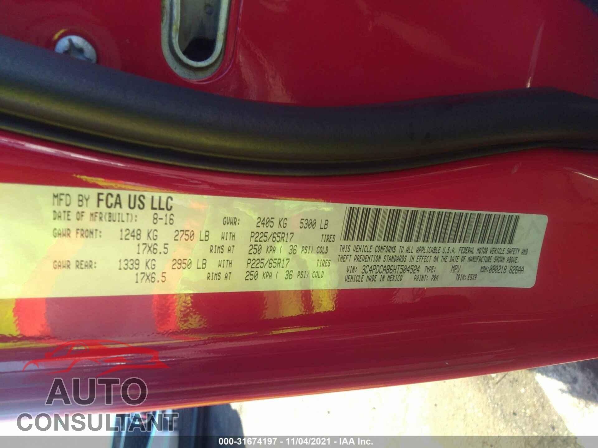 DODGE JOURNEY 2017 - 3C4PDCAB6HT504524