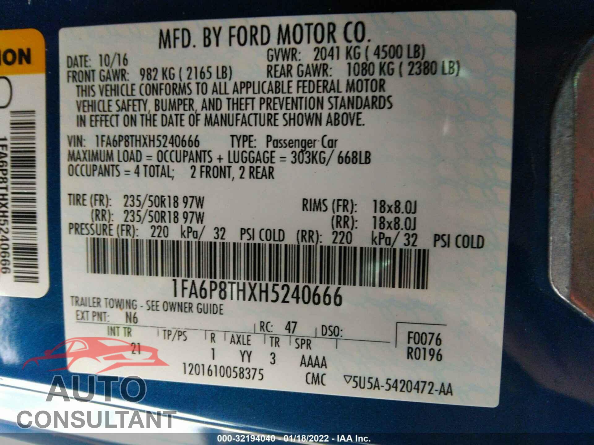 FORD MUSTANG 2017 - 1FA6P8THXH5240666