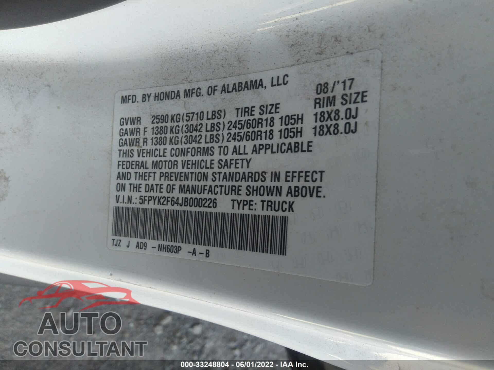 HONDA RIDGELINE 2018 - 5FPYK2F64JB000226