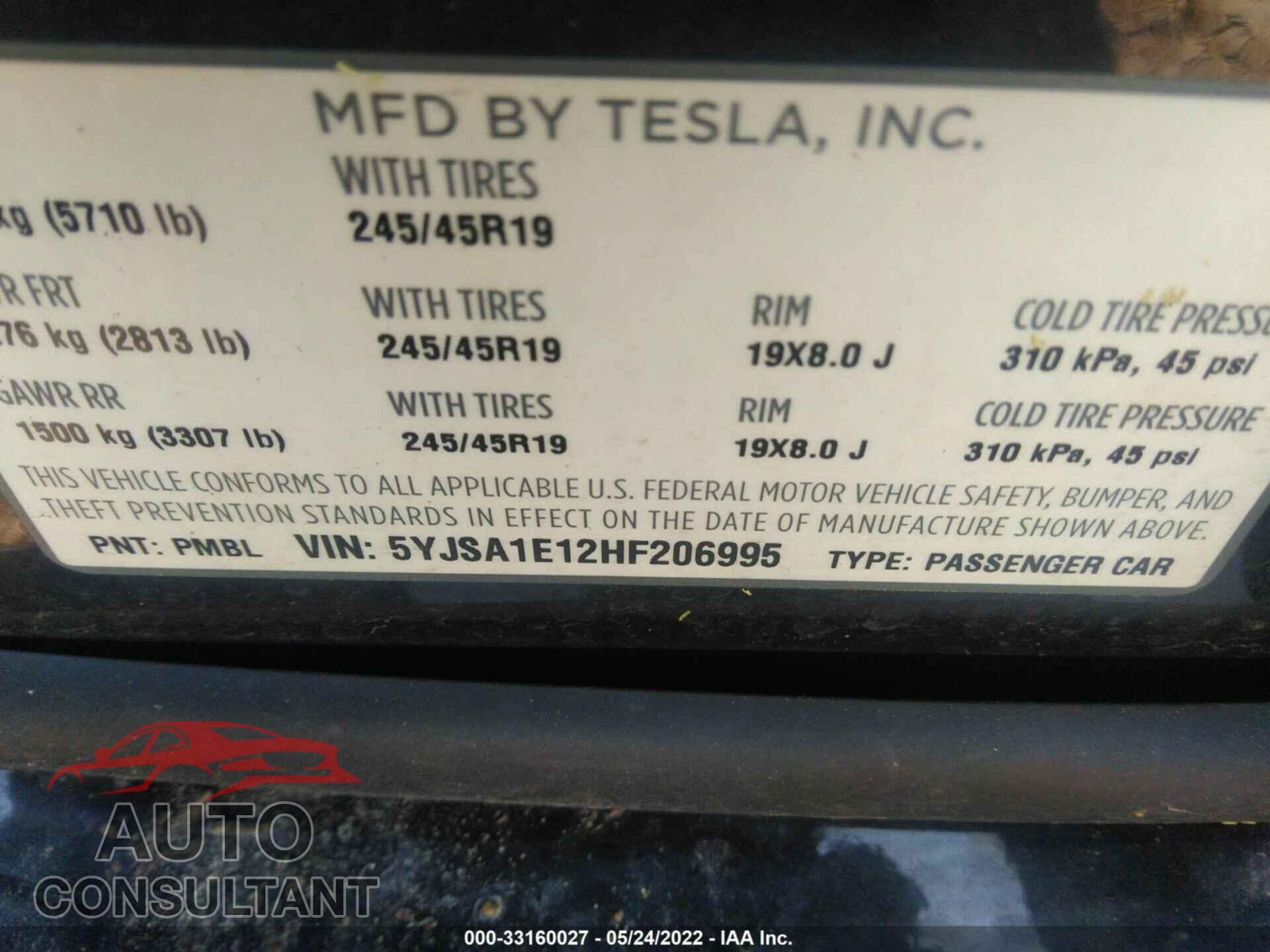 TESLA MODEL S 2017 - 5YJSA1E12HF206995