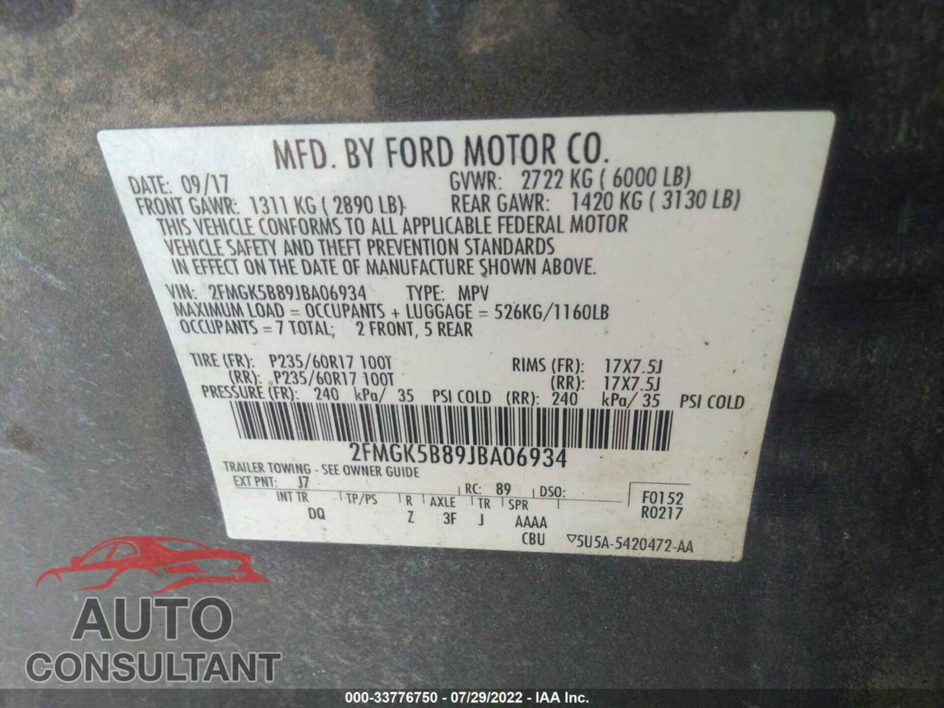 FORD FLEX 2018 - 2FMGK5B89JBA06934