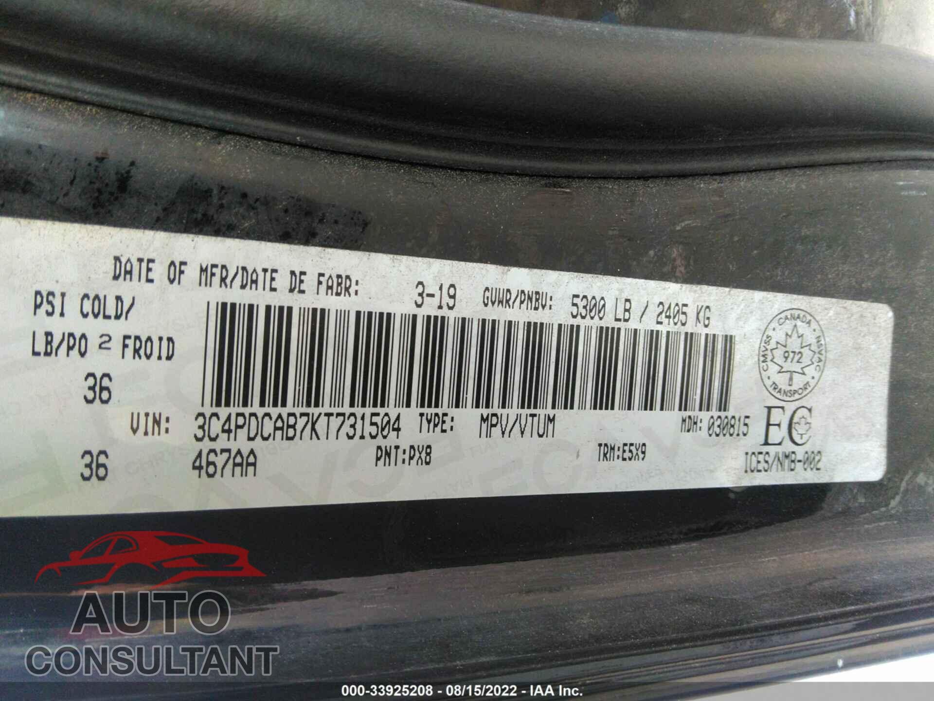 DODGE JOURNEY 2019 - 3C4PDCAB7KT731504