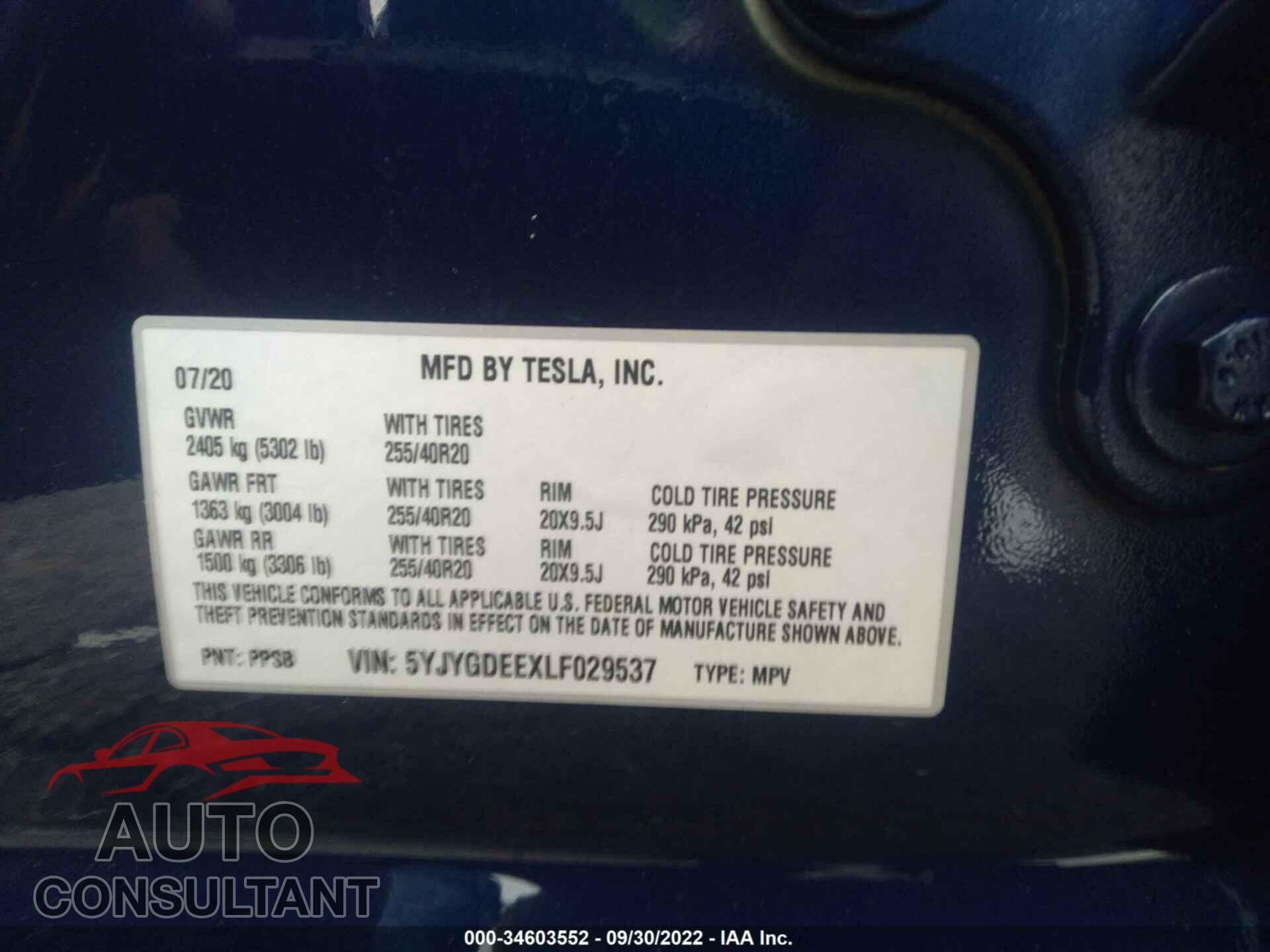 TESLA MODEL Y 2020 - 5YJYGDEEXLF029537