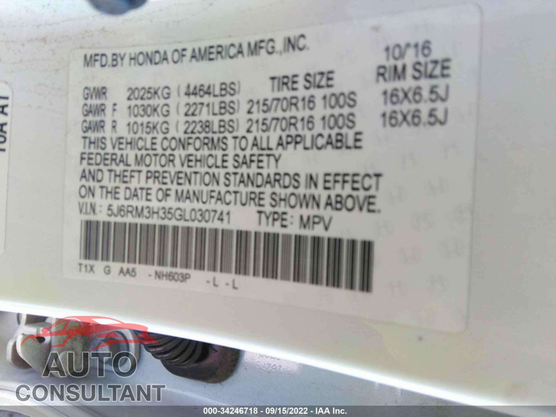 HONDA CR-V 2016 - 5J6RM3H35GL030741