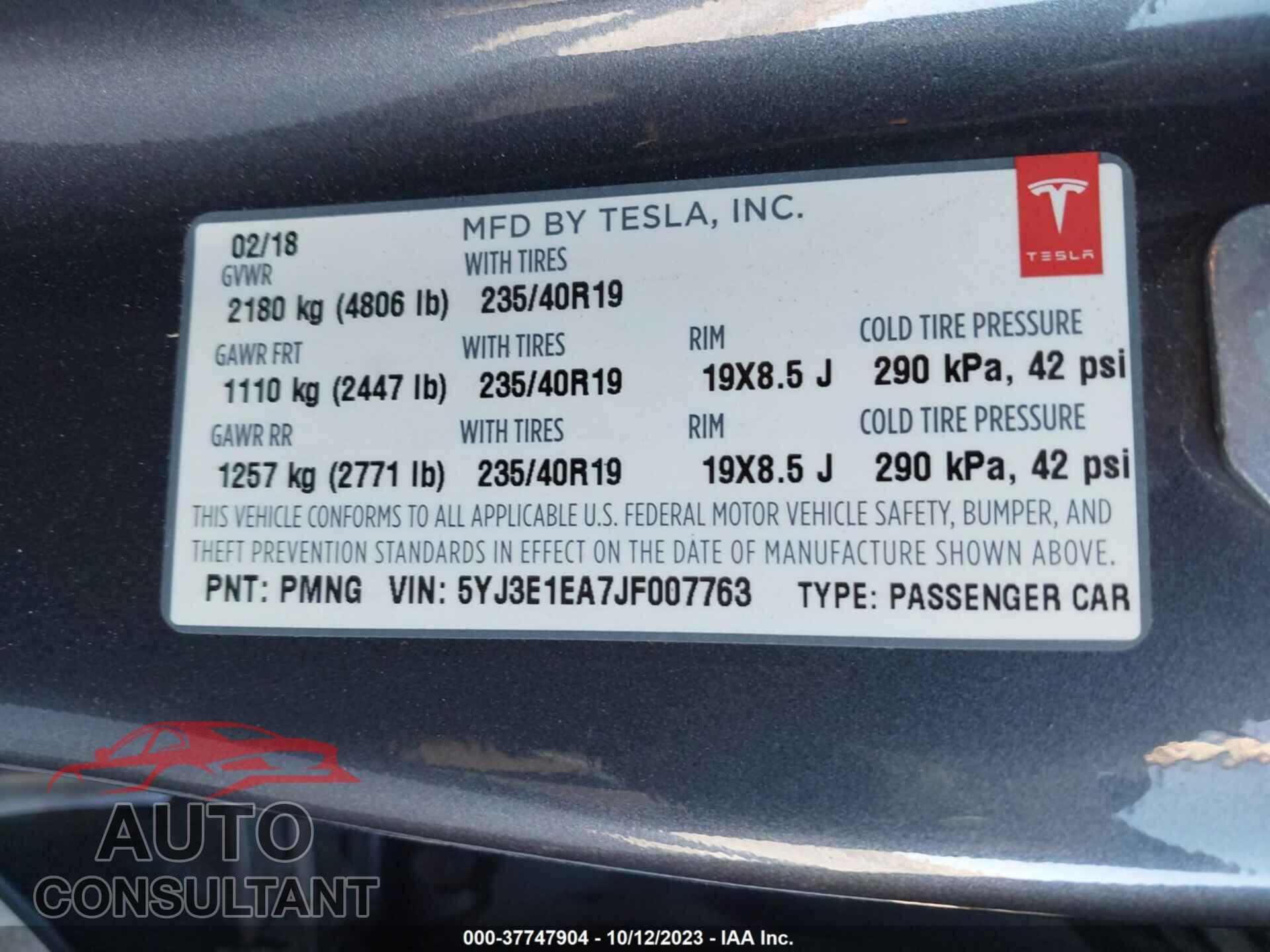 TESLA MODEL 3 2018 - 5YJ3E1EA7JF007763