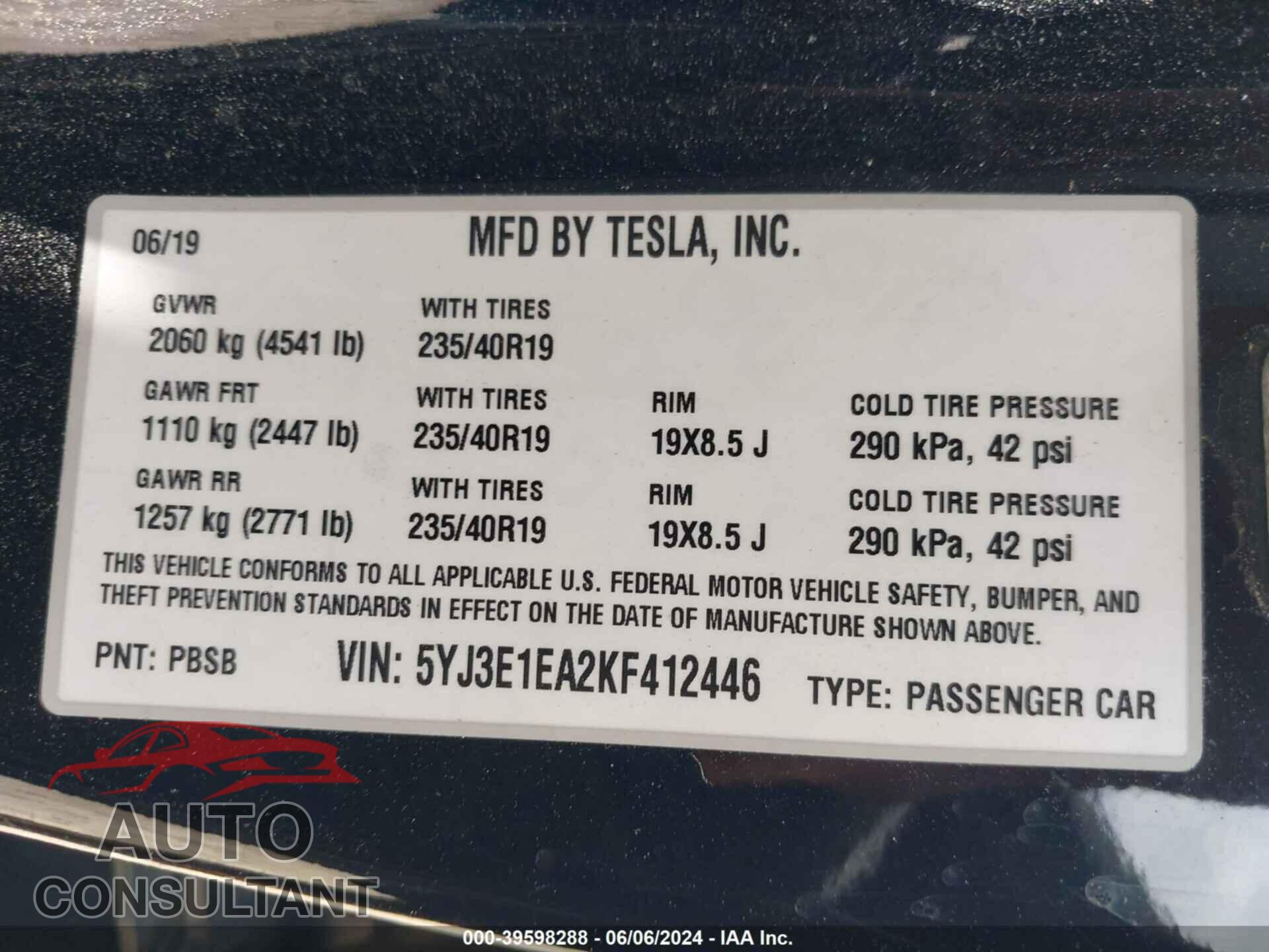 TESLA MODEL 3 2019 - 5YJ3E1EA2KF412446