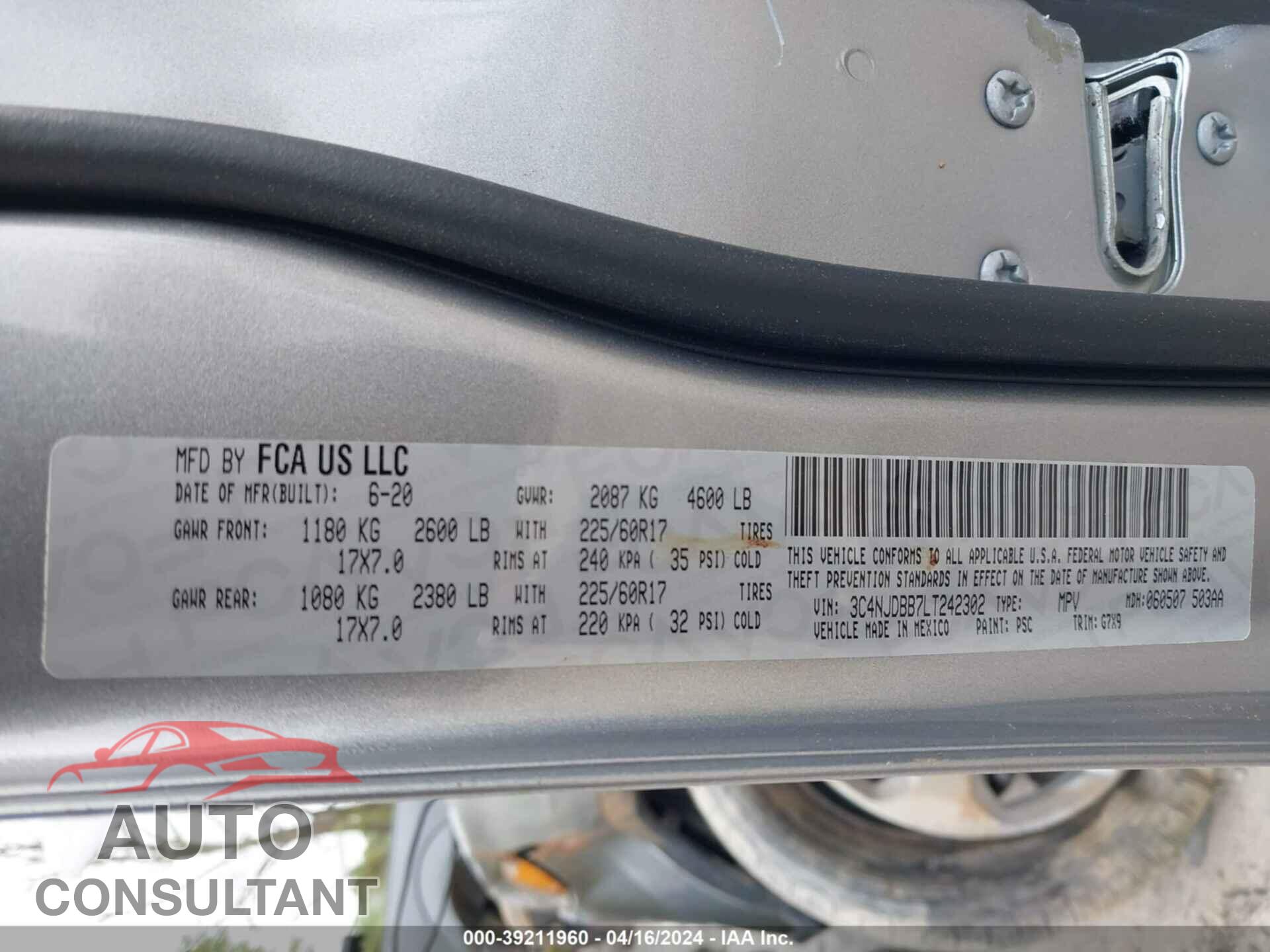 JEEP COMPASS 2020 - 3C4NJDBB7LT242302
