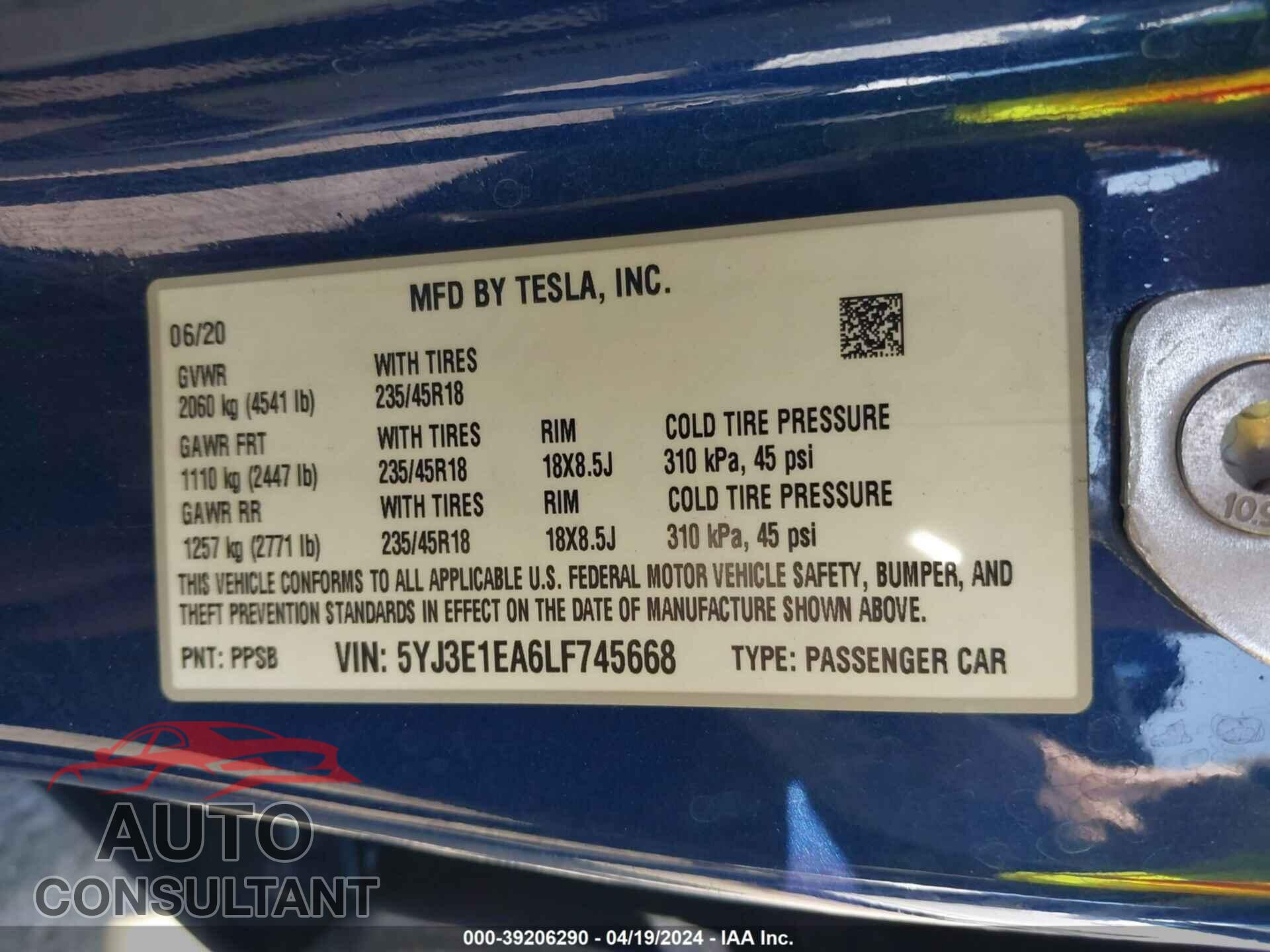 TESLA MODEL 3 2020 - 5YJ3E1EA6LF745668