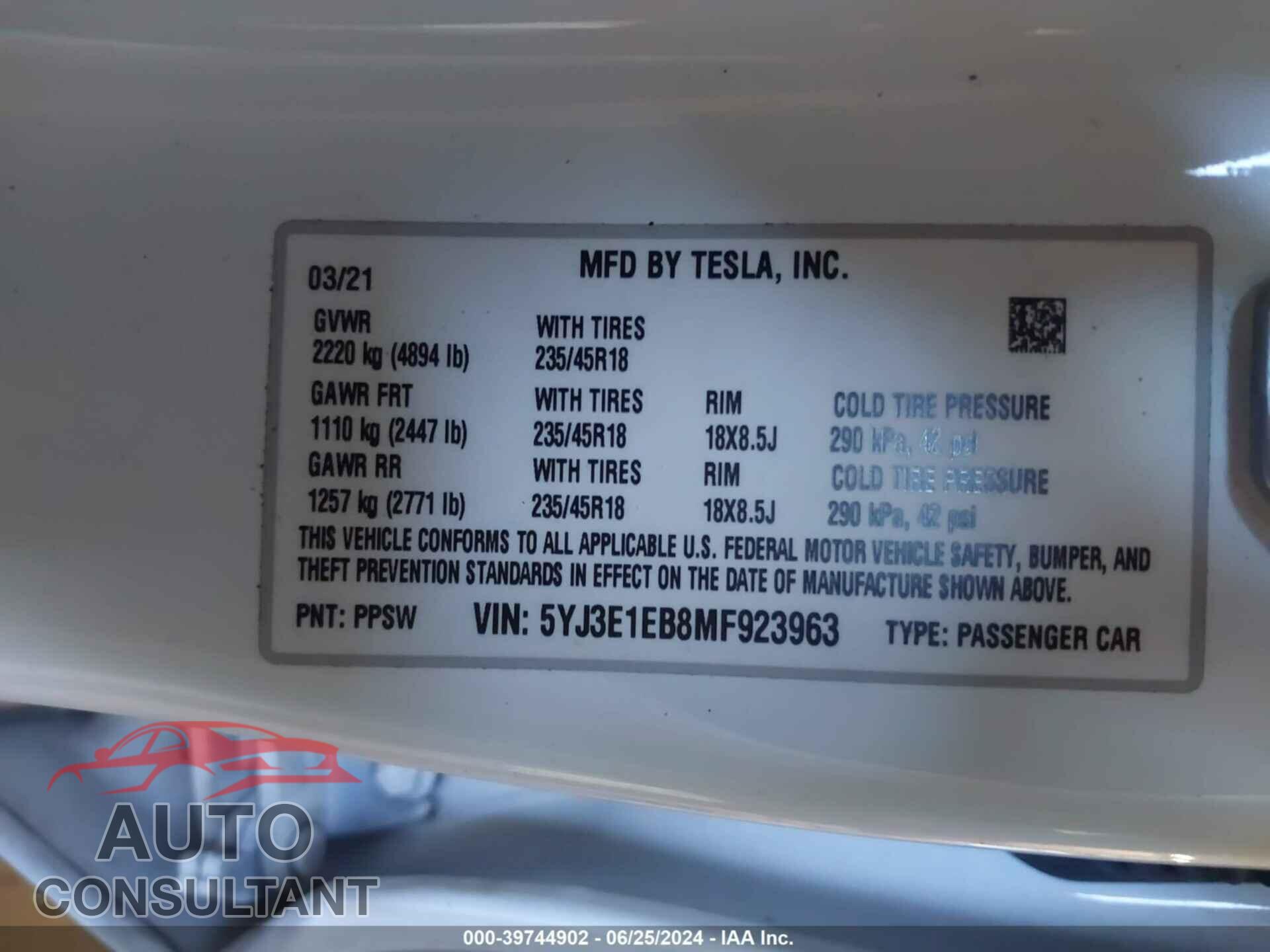 TESLA MODEL 3 2021 - 5YJ3E1EB8MF923963