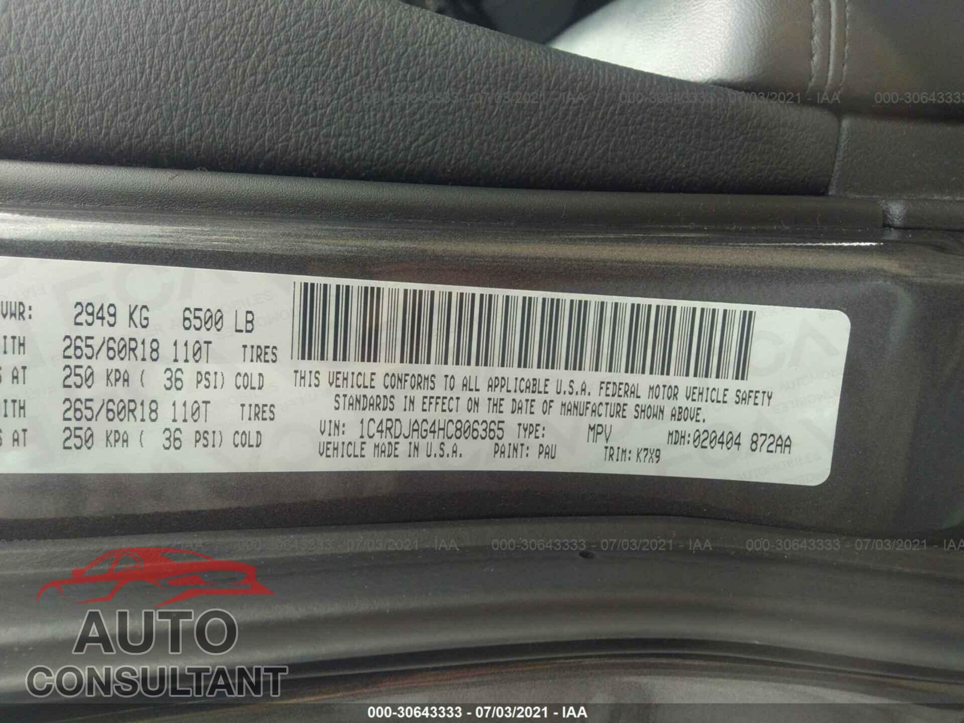 DODGE DURANGO 2017 - 1C4RDJAG4HC806365