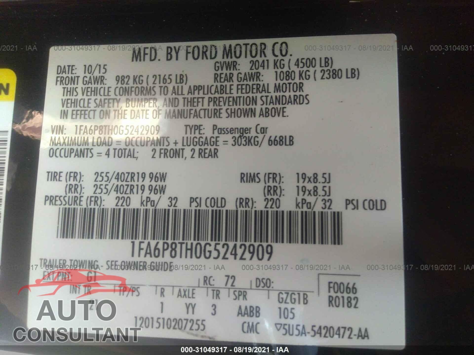 FORD MUSTANG 2016 - 1FA6P8TH0G5242909