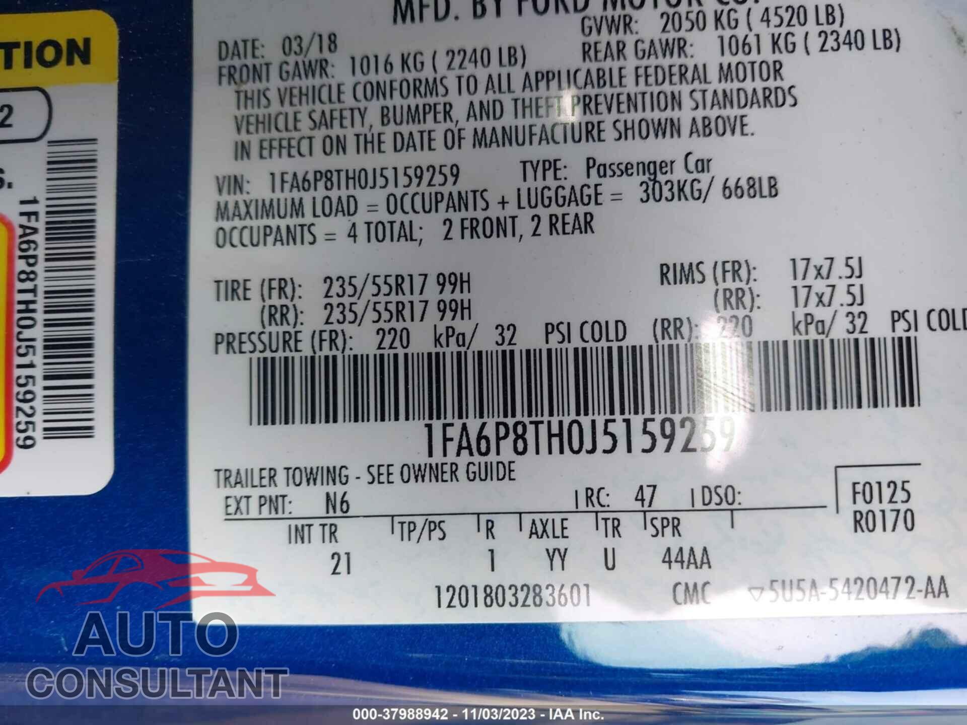 FORD MUSTANG 2018 - 1FA6P8TH0J5159259