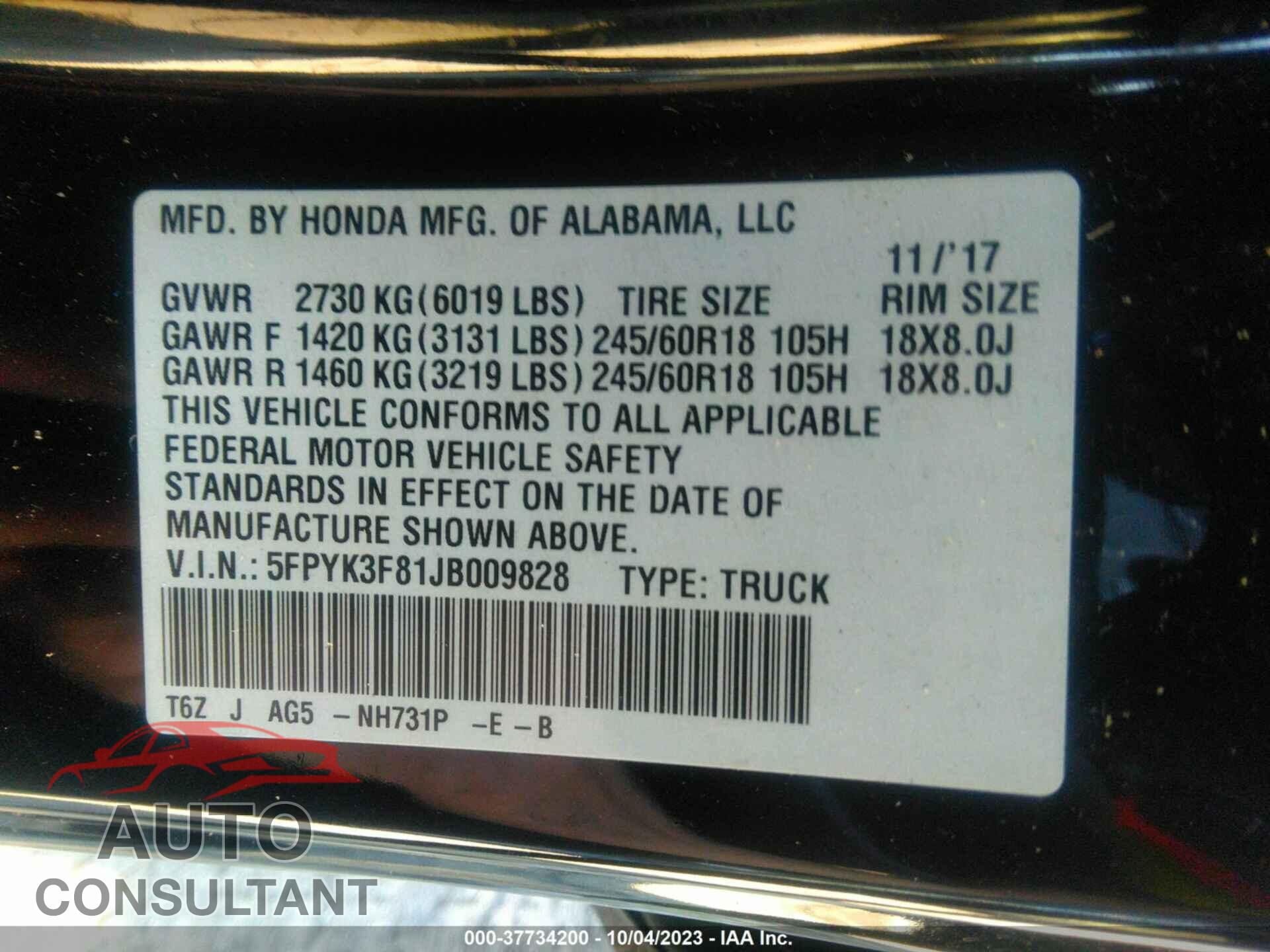 HONDA RIDGELINE 2018 - 5FPYK3F81JB009828