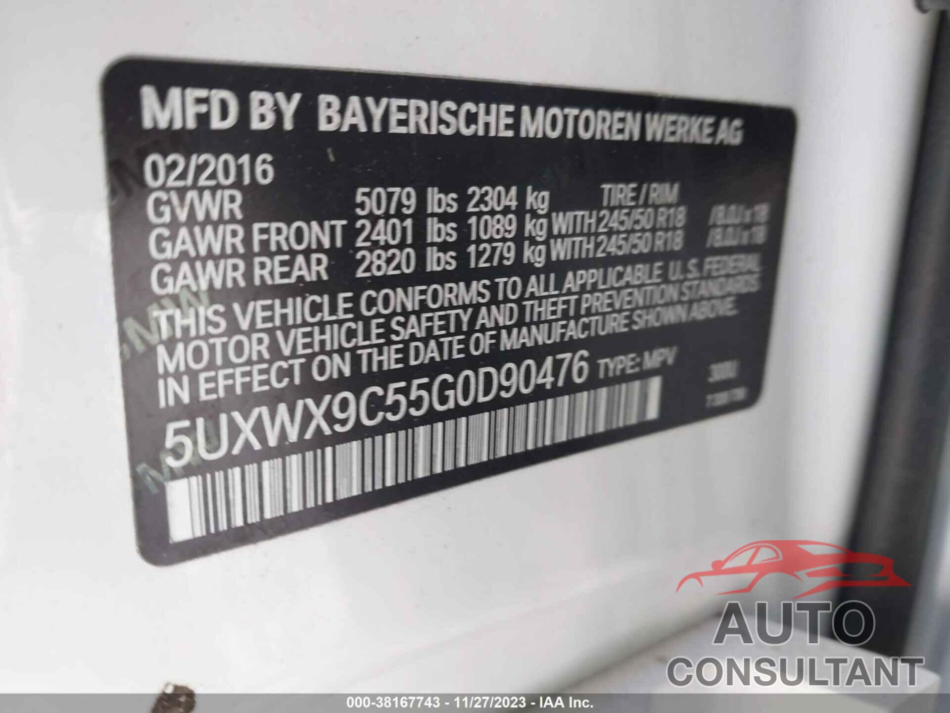 BMW X3 2016 - 5UXWX9C55G0D90476