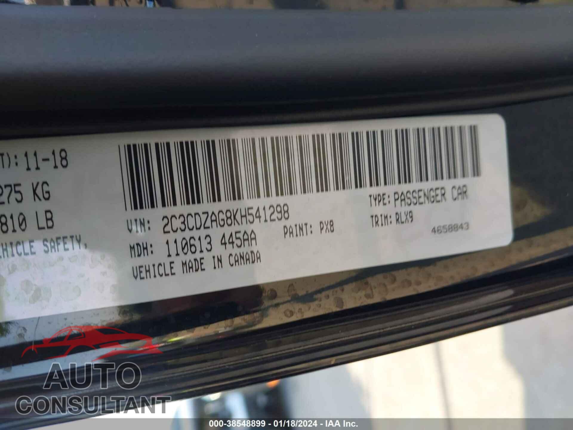 DODGE CHALLENGER 2019 - 2C3CDZAG8KH541298