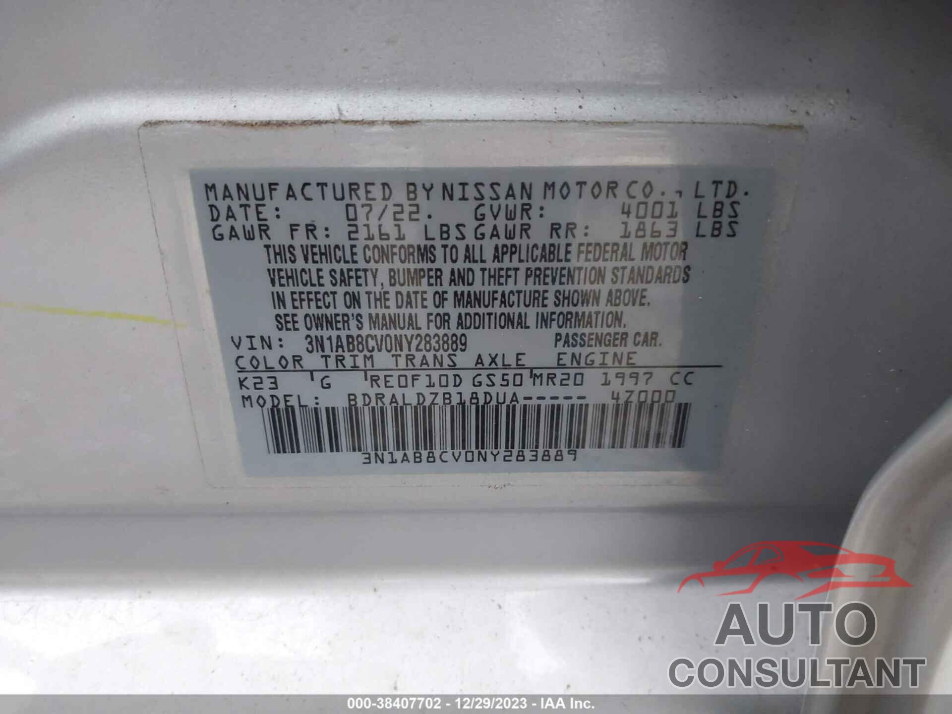 NISSAN SENTRA 2022 - 3N1AB8CV0NY283889