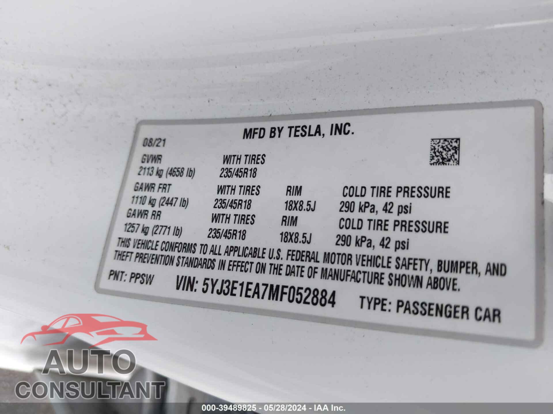 TESLA MODEL 3 2021 - 5YJ3E1EA7MF052884