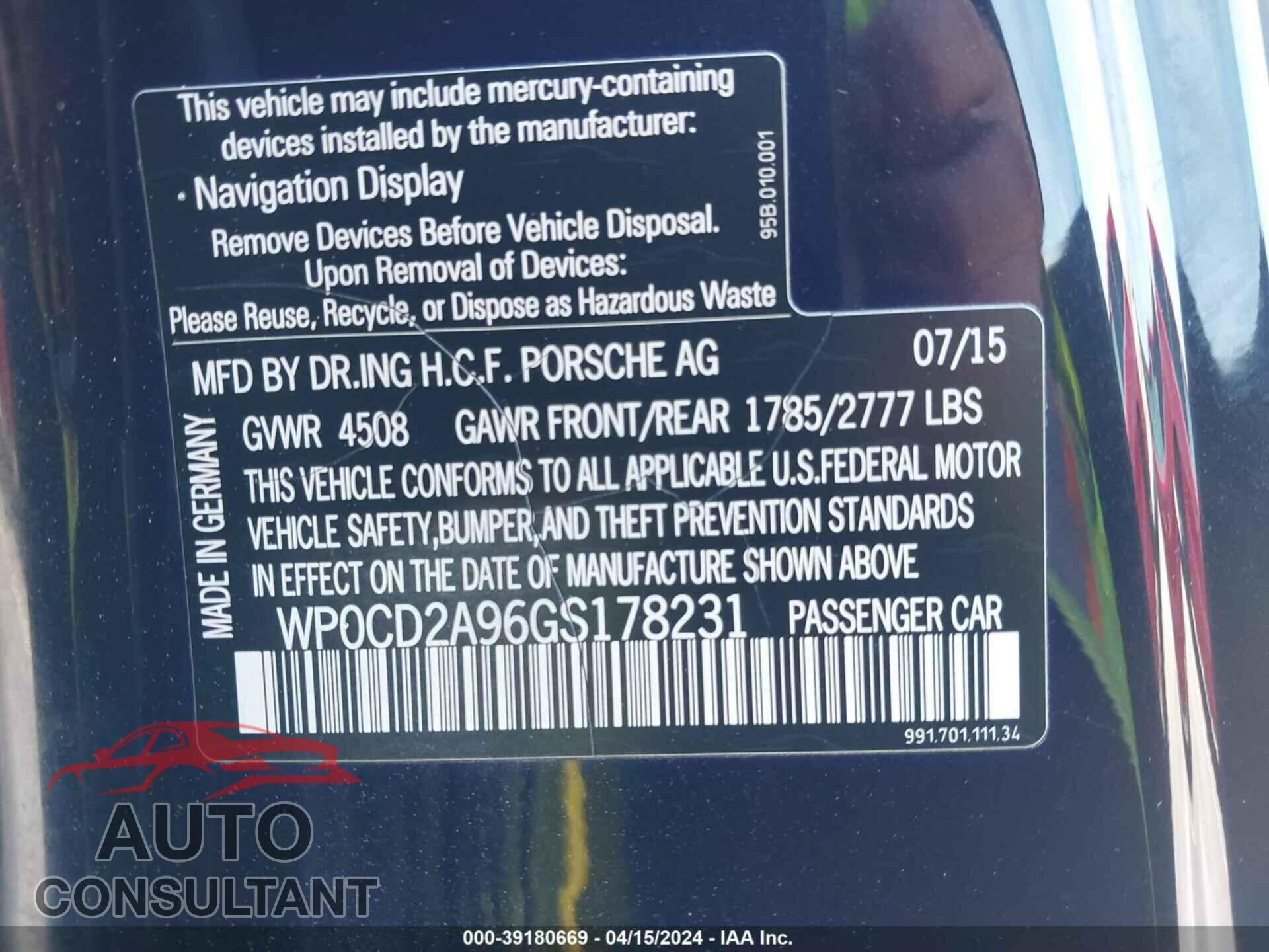 PORSCHE 911 2016 - WP0CD2A96GS178231