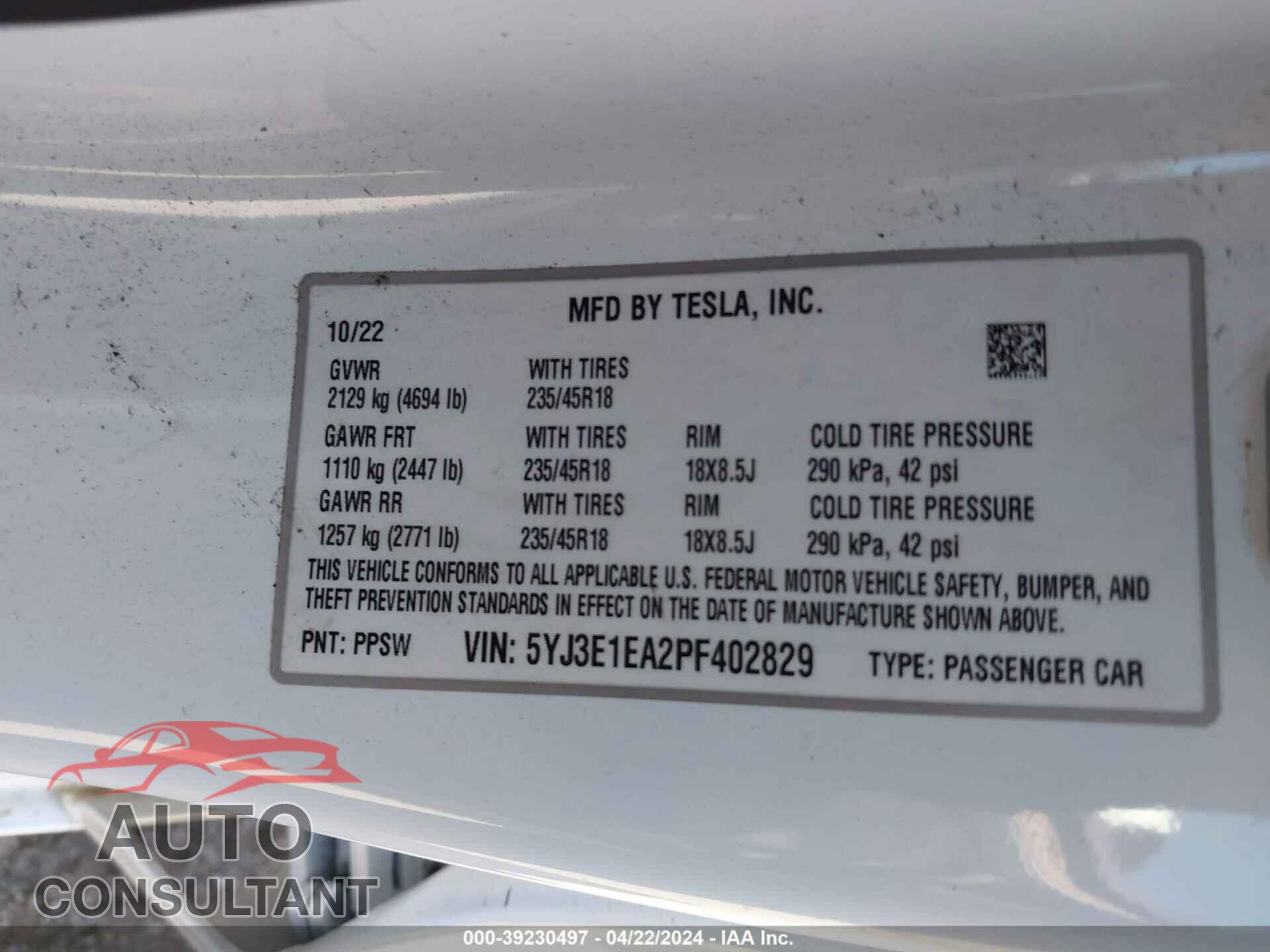 TESLA MODEL 3 2023 - 5YJ3E1EA2PF402829