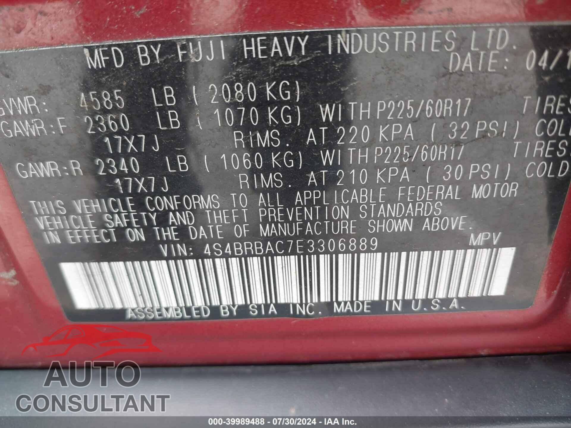 SUBARU OUTBACK 2014 - 4S4BRBAC7E3306889