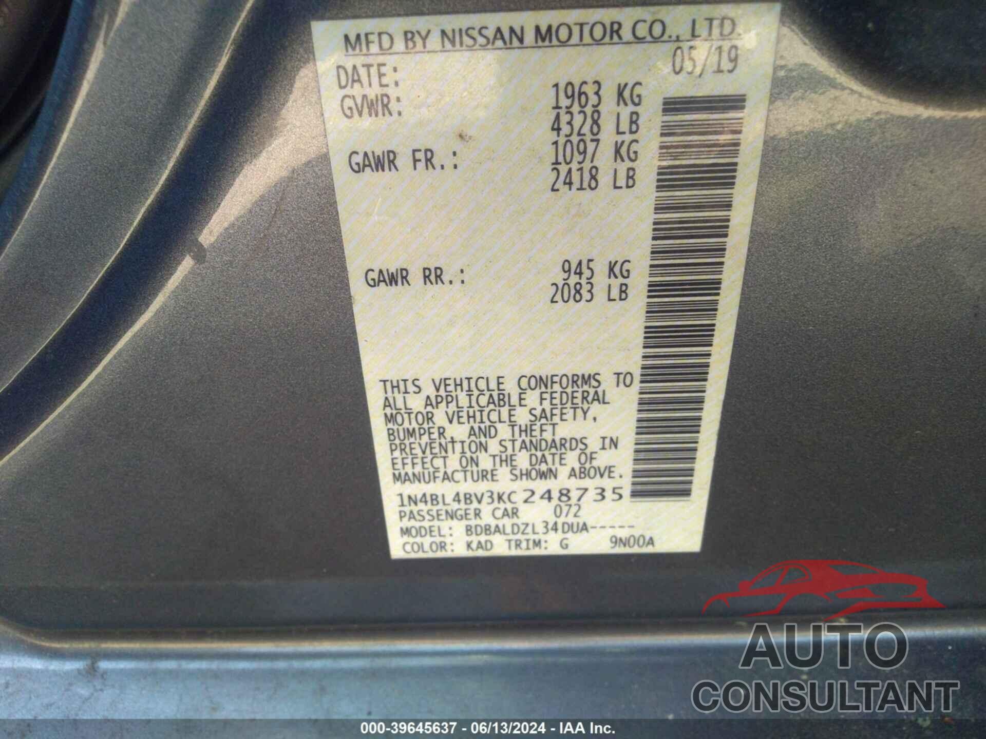 NISSAN ALTIMA 2019 - 1N4BL4BV3KC248735