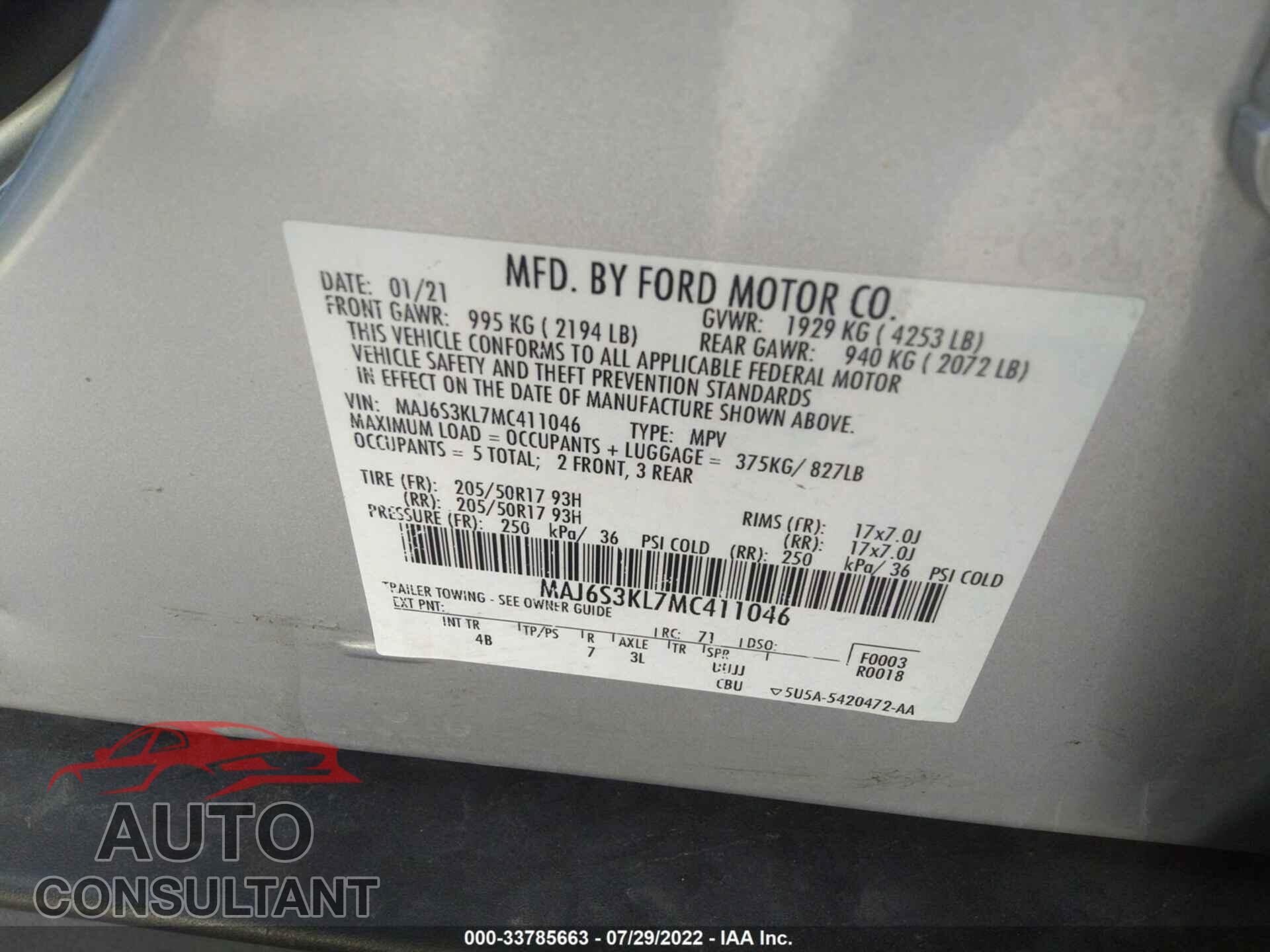 FORD ECOSPORT 2021 - MAJ6S3KL7MC411046
