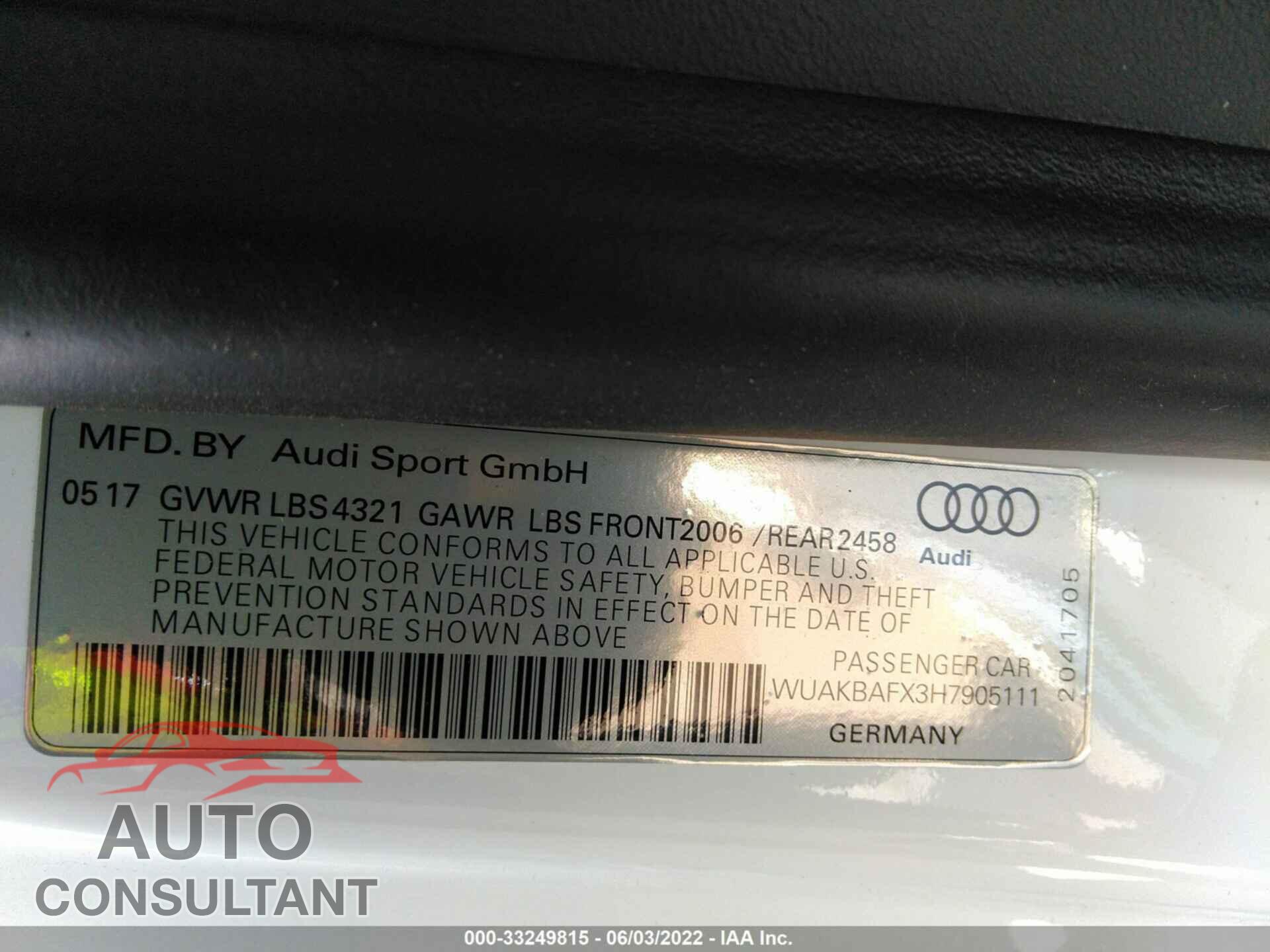 AUDI R8 2017 - WUAKBAFX3H7905111