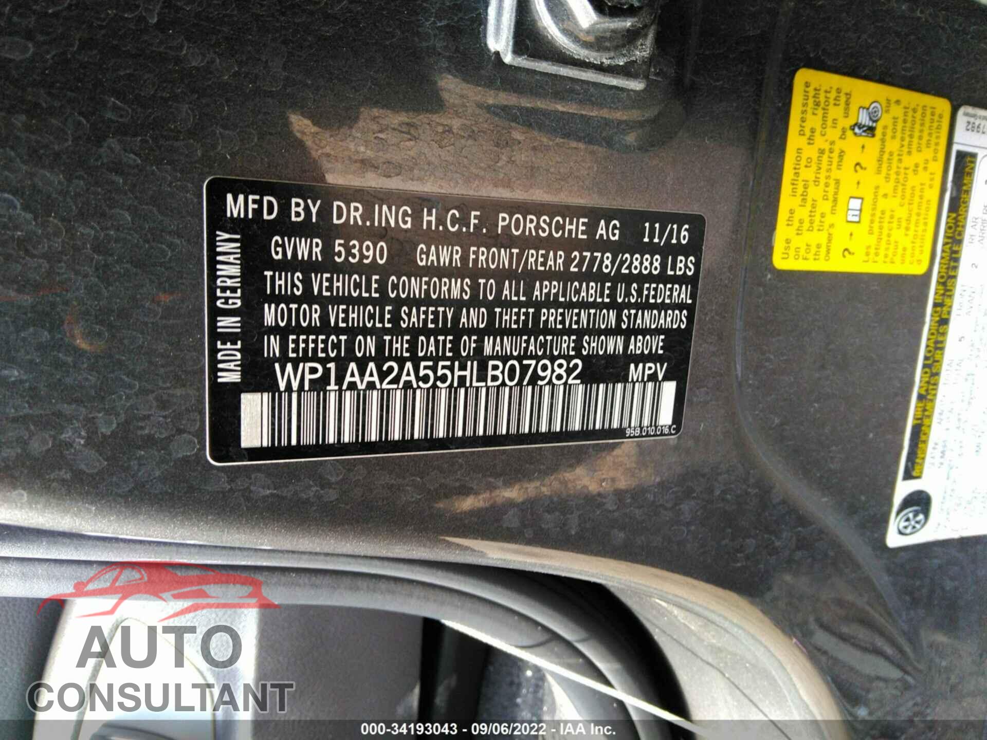 PORSCHE MACAN 2017 - WP1AA2A55HLB07982
