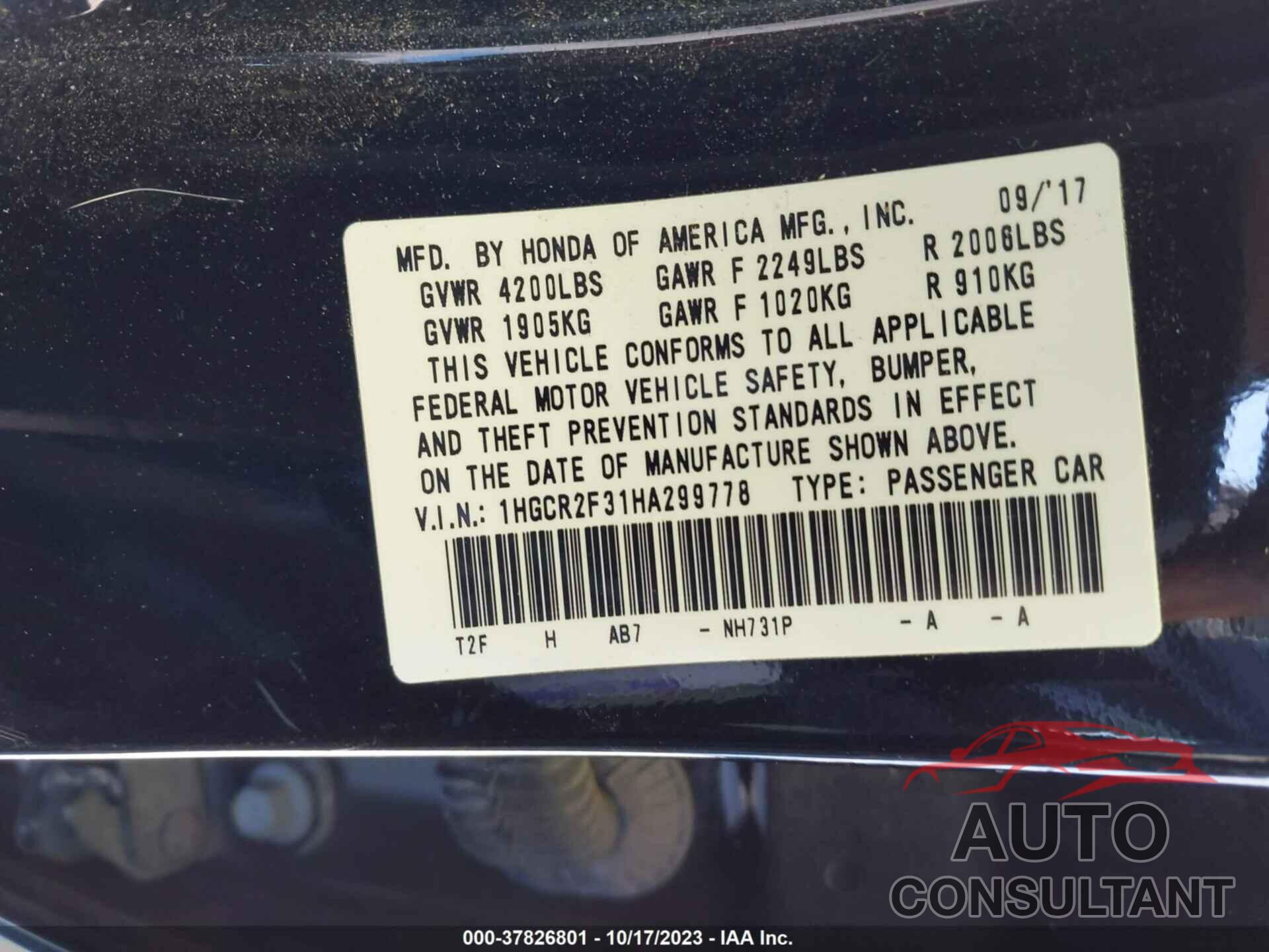 HONDA ACCORD 2017 - 1HGCR2F31HA299778