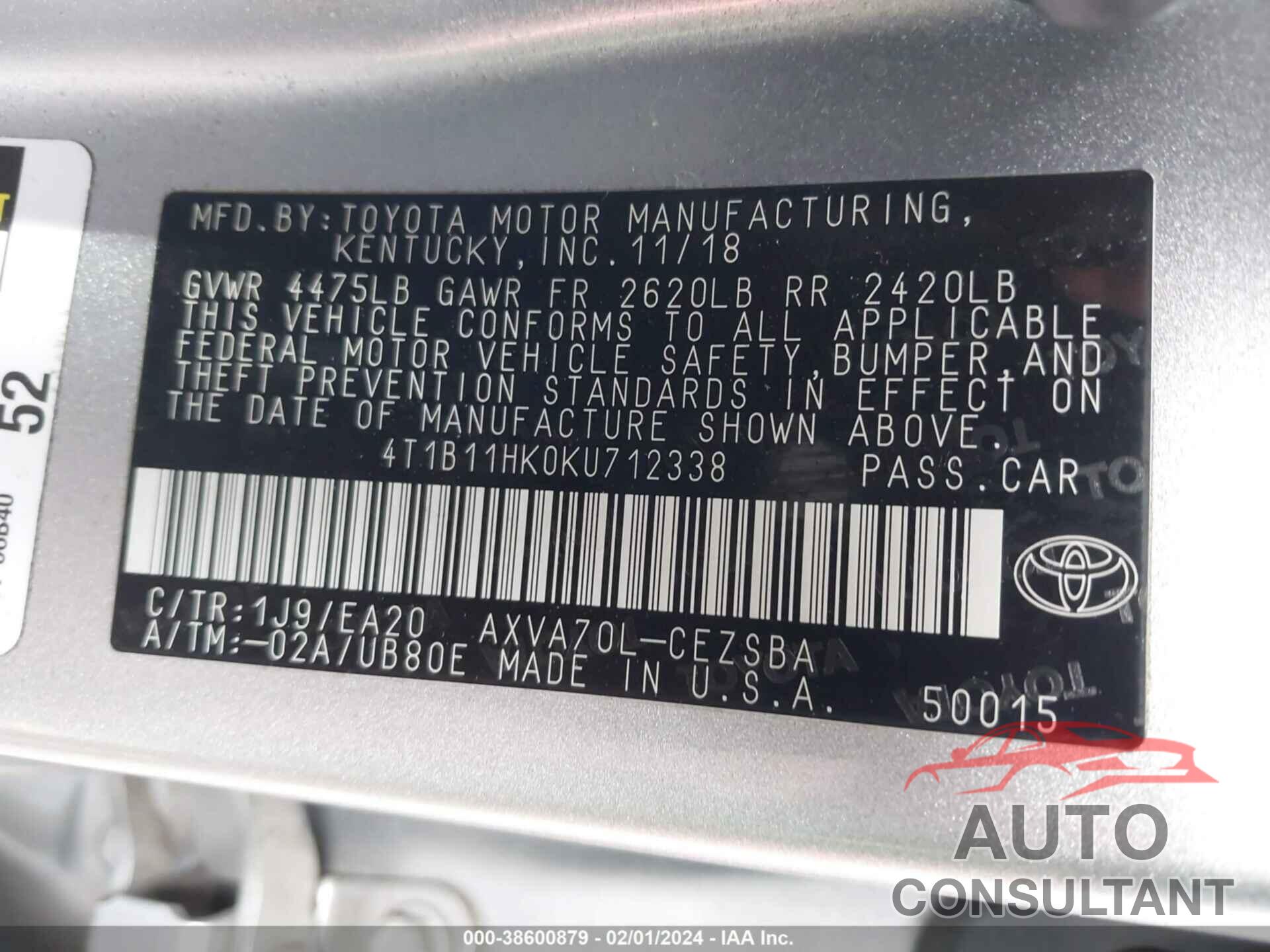 TOYOTA CAMRY 2019 - 4T1B11HK0KU712338