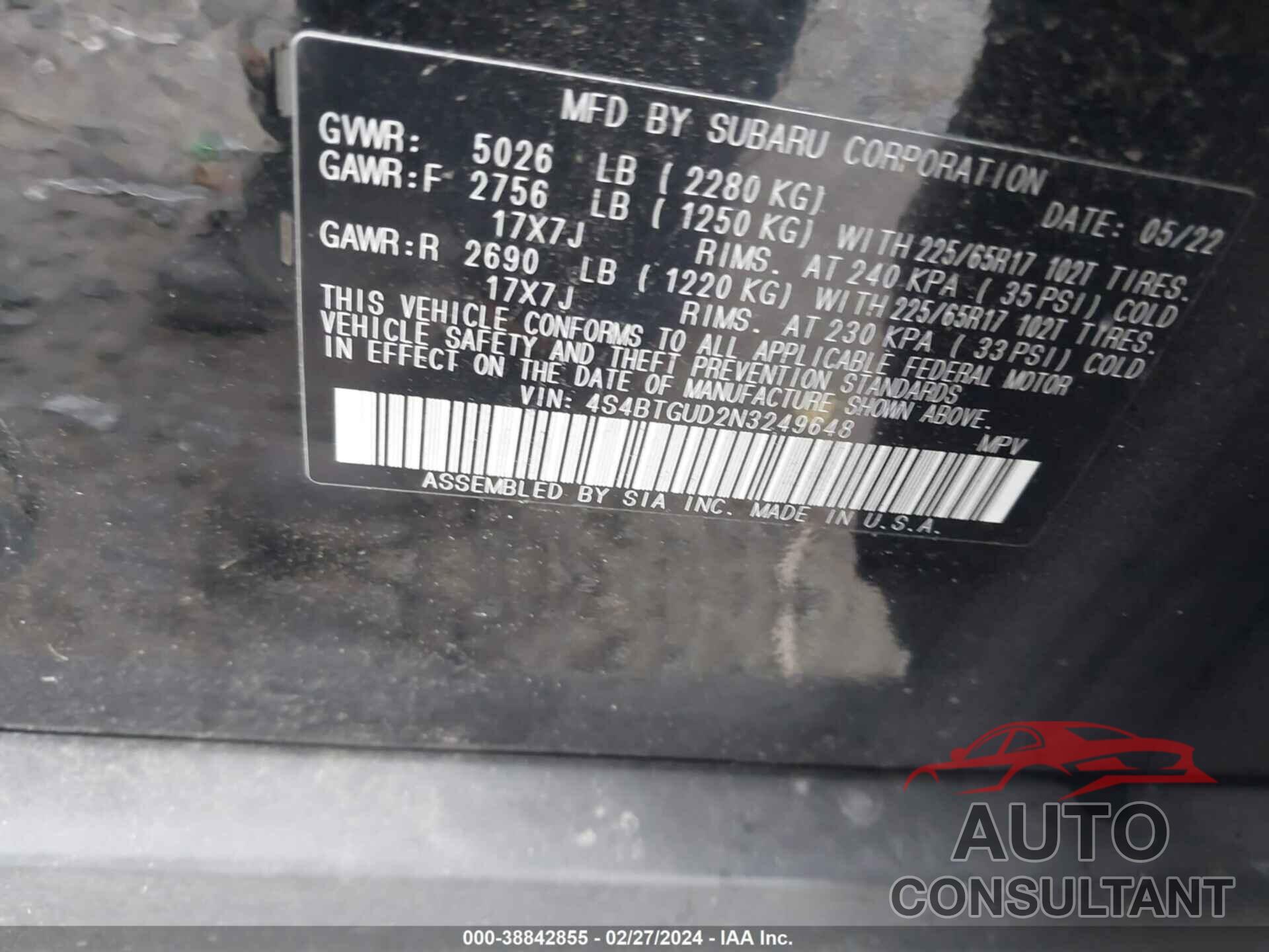 SUBARU OUTBACK 2022 - 4S4BTGUD2N3249648