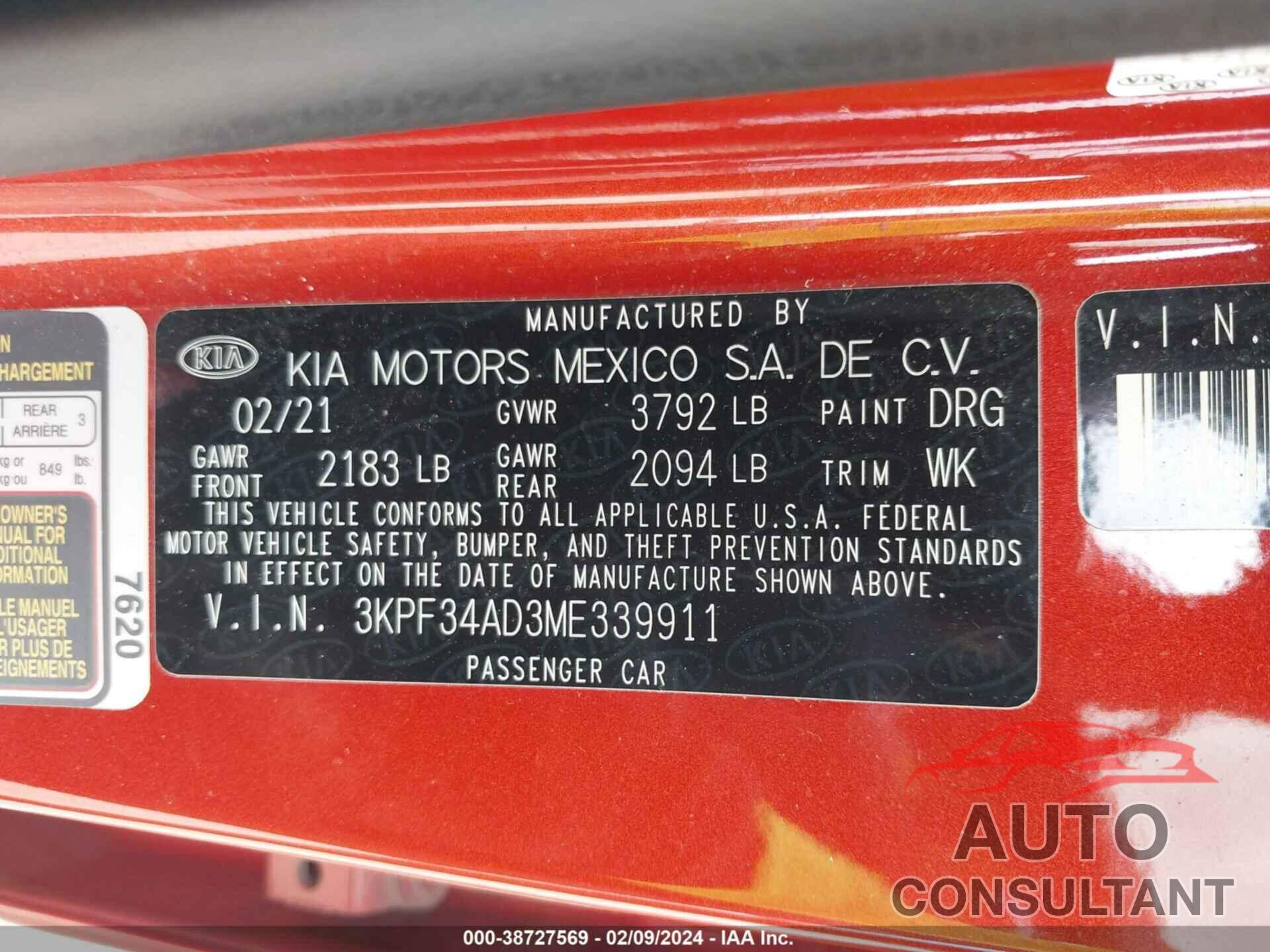 KIA FORTE 2021 - 3KPF34AD3ME339911