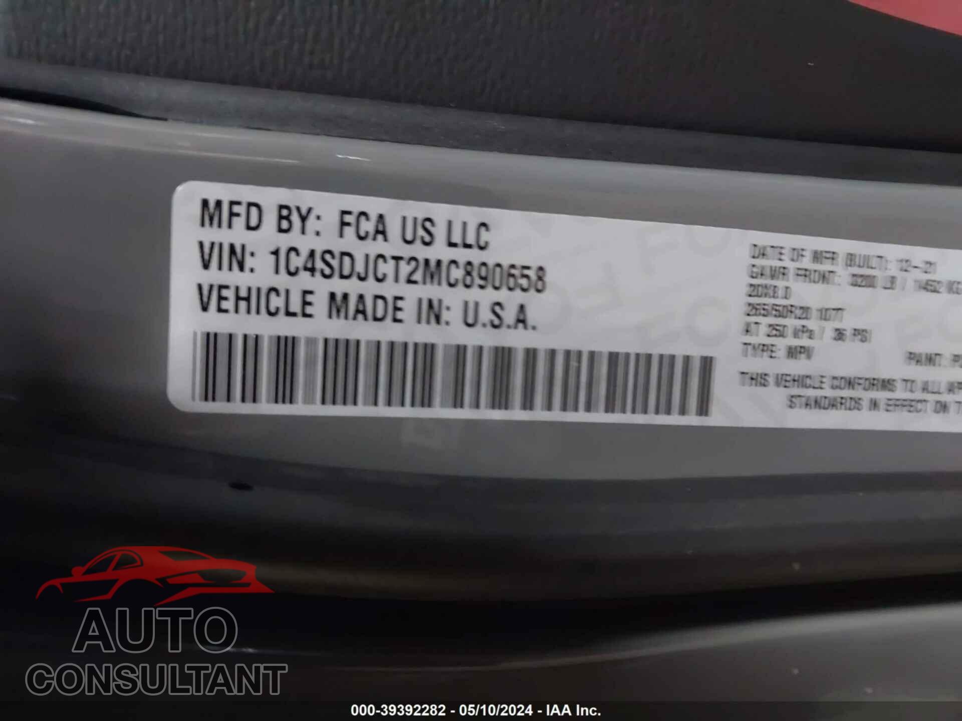 DODGE DURANGO 2021 - 1C4SDJCT2MC890658