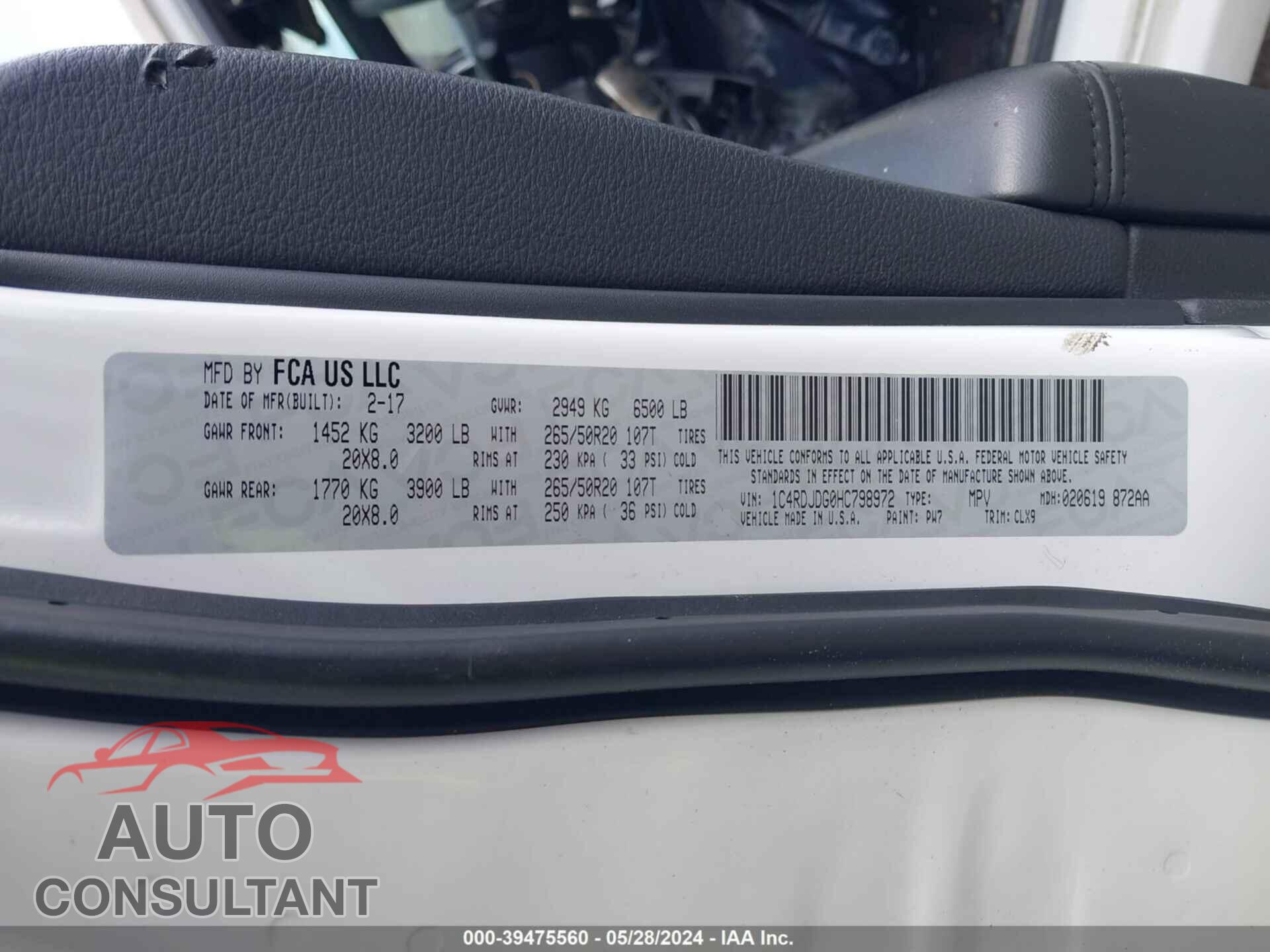 DODGE DURANGO 2017 - 1C4RDJDG0HC798972