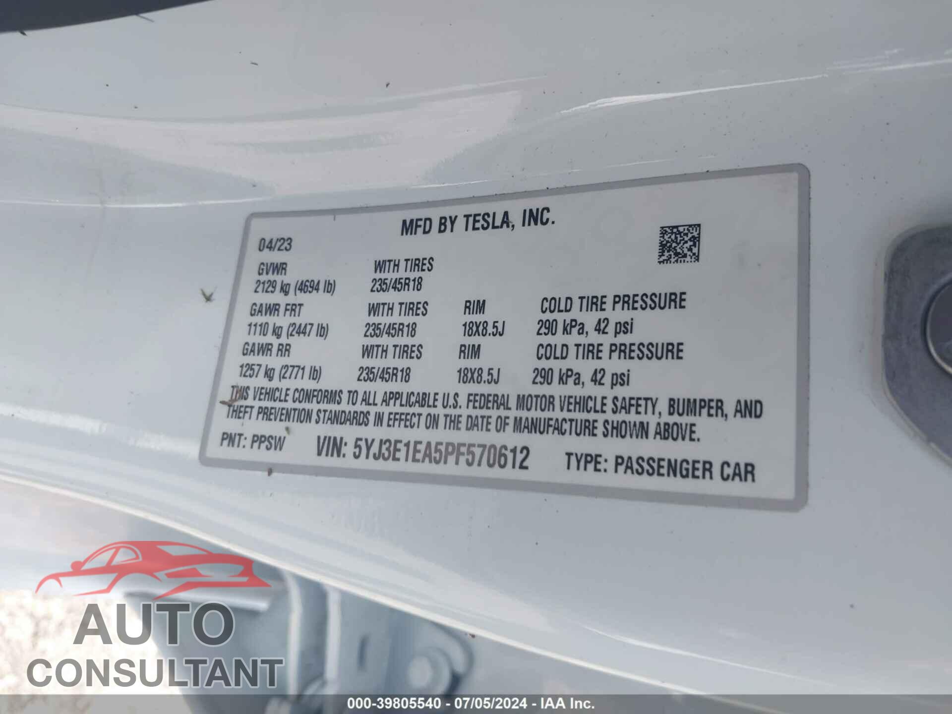 TESLA MODEL 3 2023 - 5YJ3E1EA5PF570612