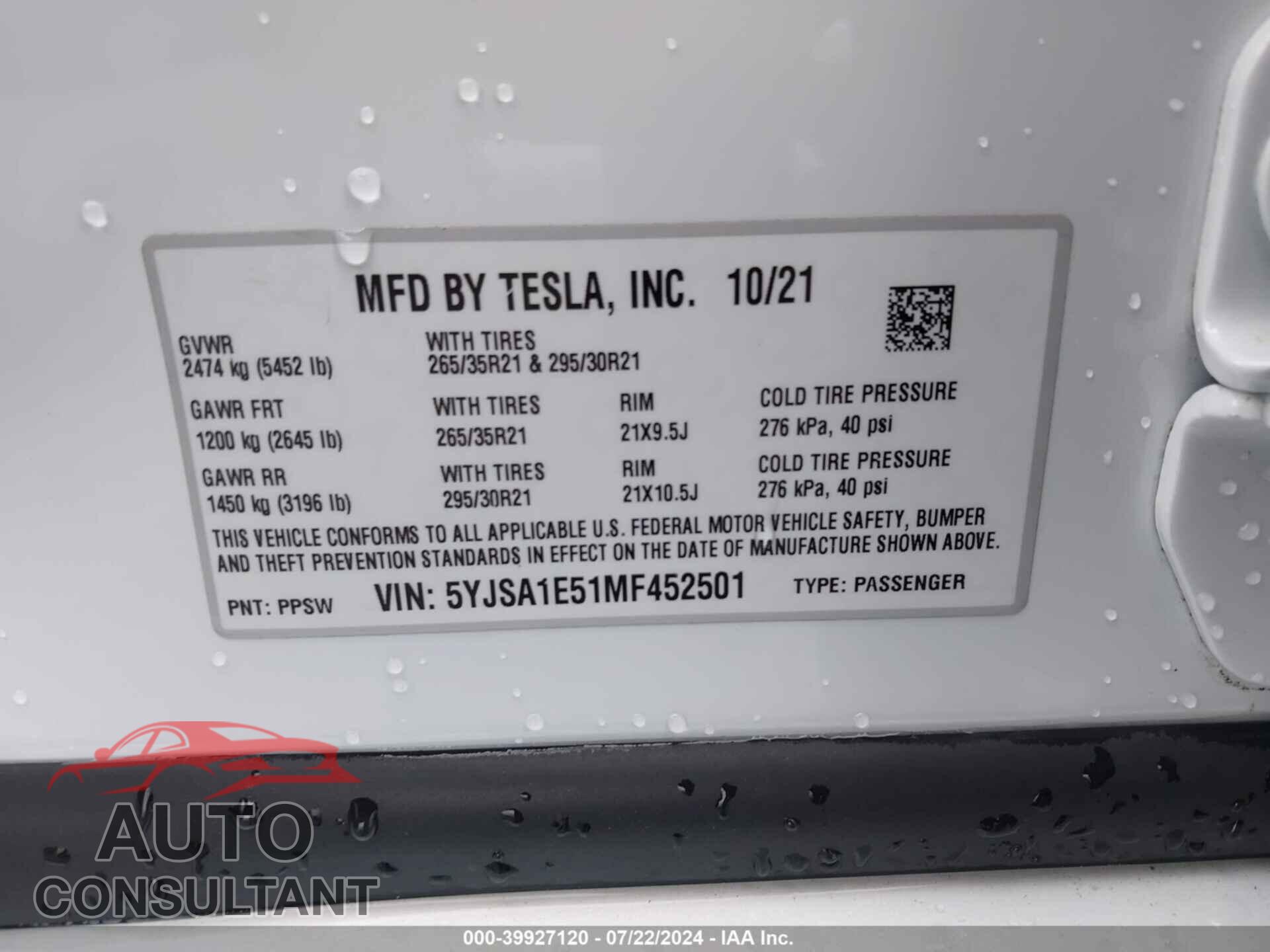 TESLA MODEL S 2021 - 5YJSA1E51MF452501