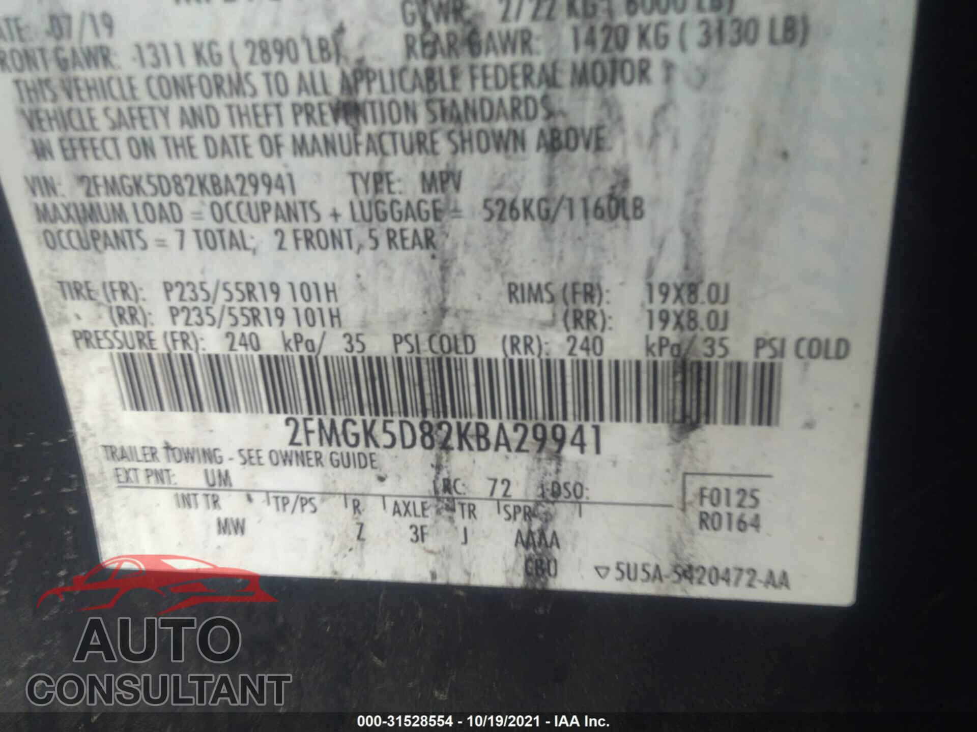FORD FLEX 2019 - 2FMGK5D82KBA29941
