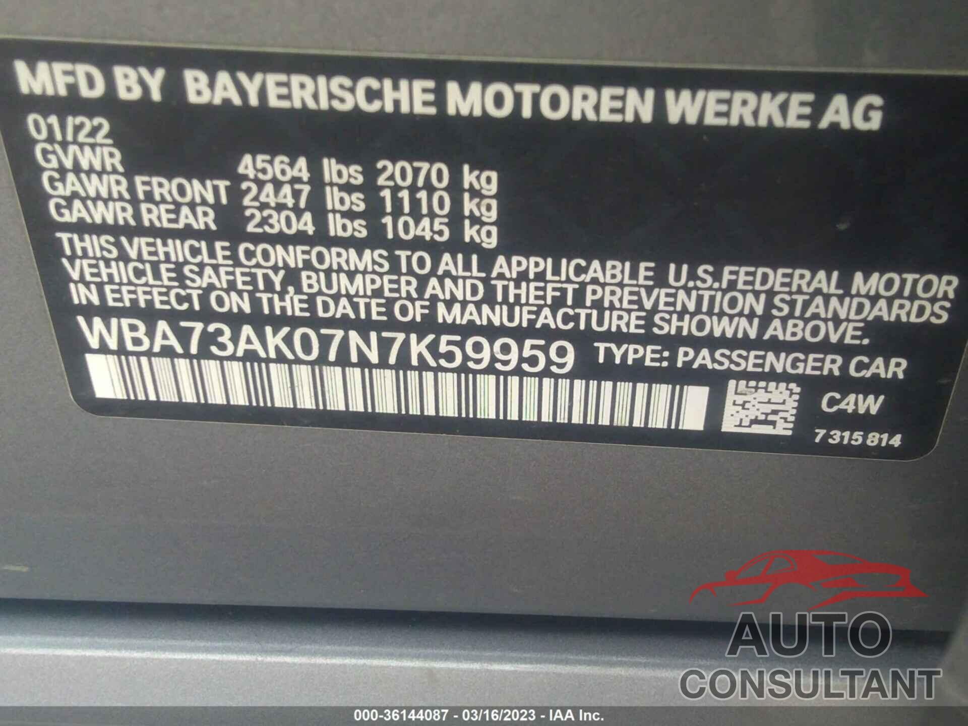 BMW 2 SERIES 2022 - WBA73AK07N7K59959