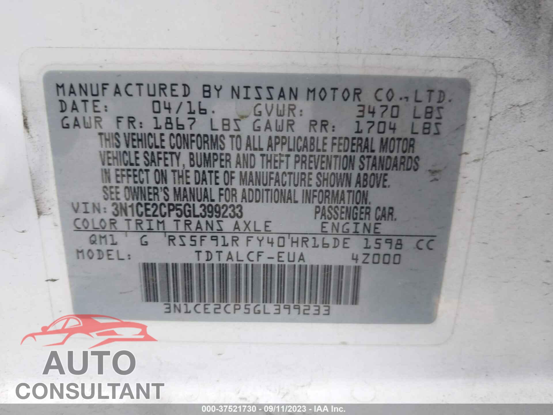 NISSAN VERSA NOTE 2016 - 3N1CE2CP5GL399233