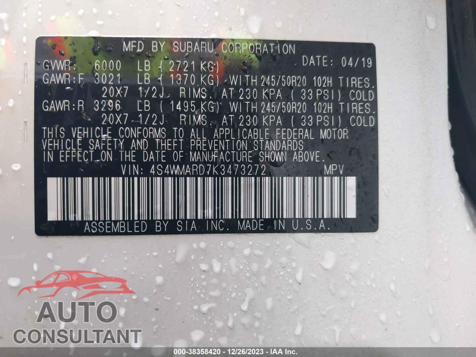SUBARU ASCENT 2019 - 4S4WMARD7K3473272
