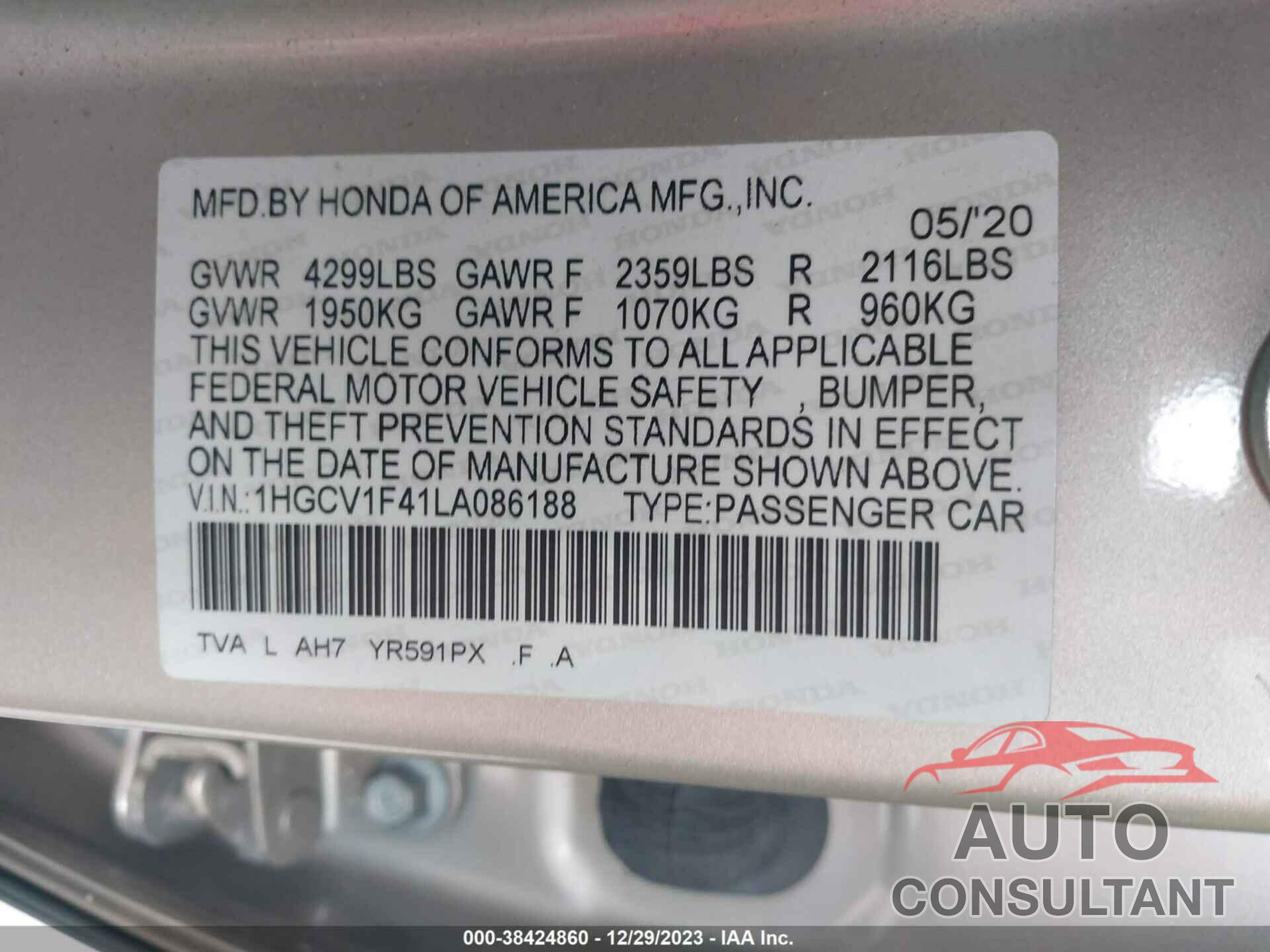 HONDA ACCORD 2020 - 1HGCV1F41LA086188