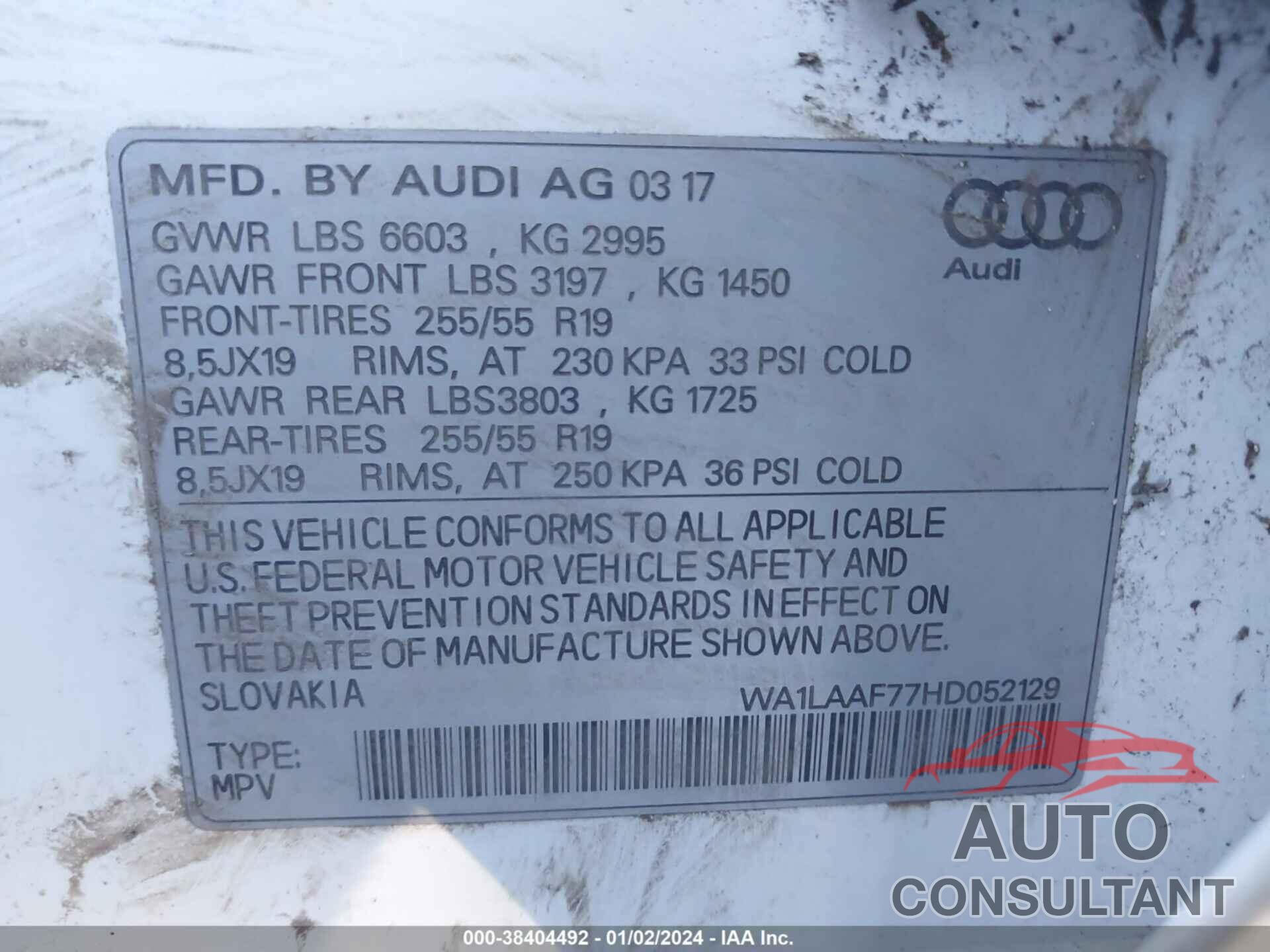 AUDI Q7 2017 - WA1LAAF77HD052129