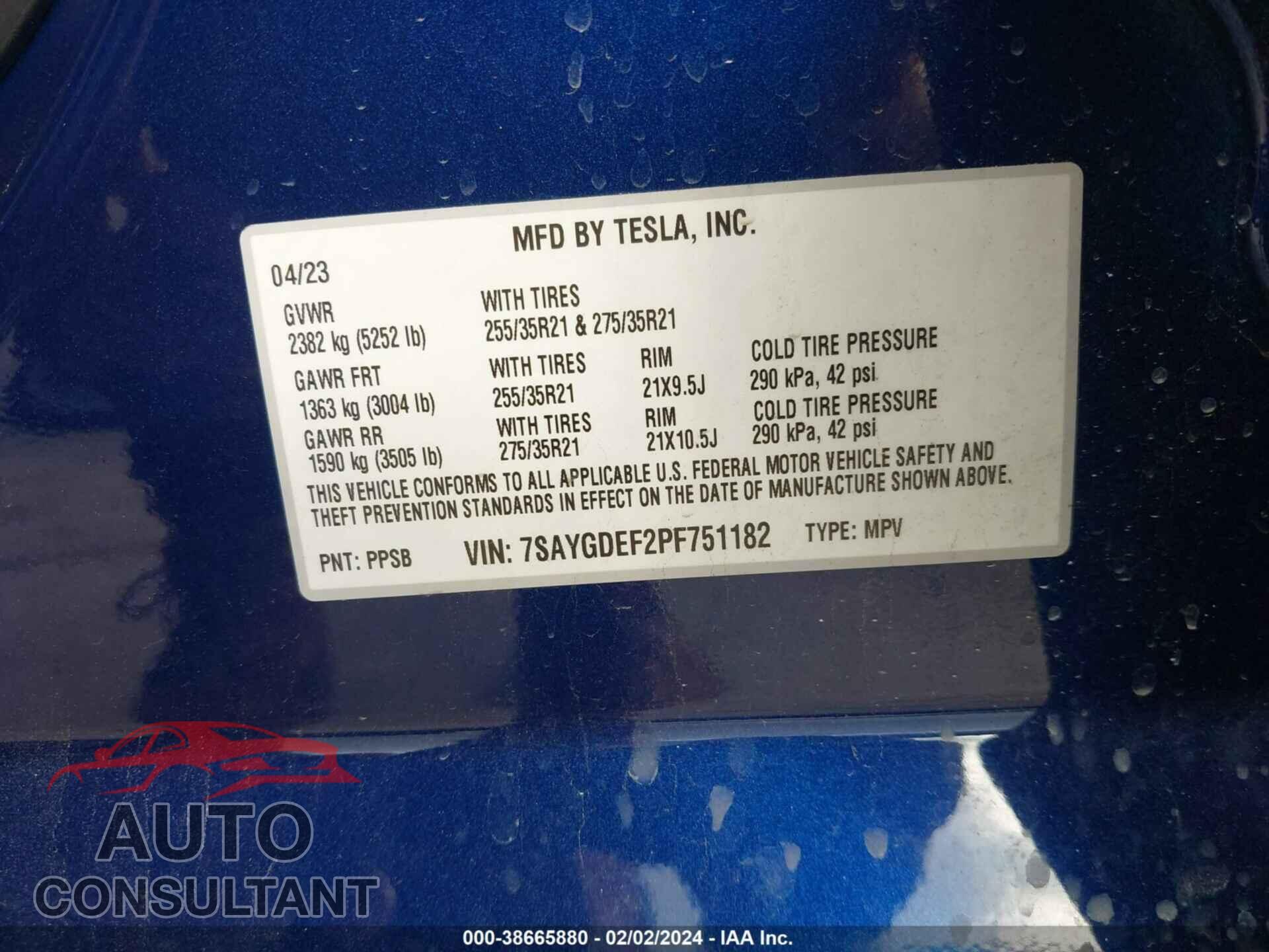 TESLA MODEL Y 2023 - 7SAYGDEF2PF751182
