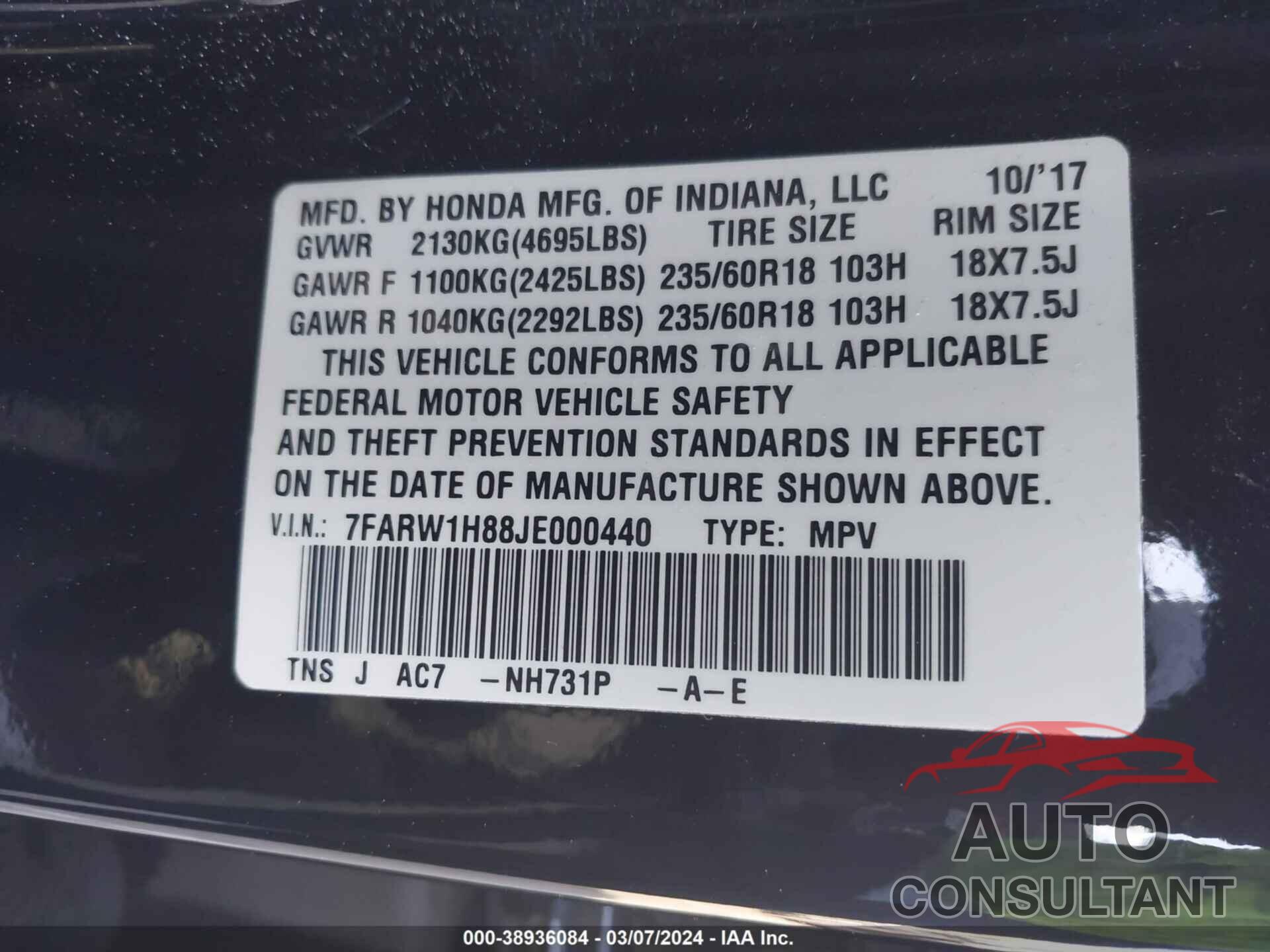 HONDA CR-V 2018 - 7FARW1H88JE000440