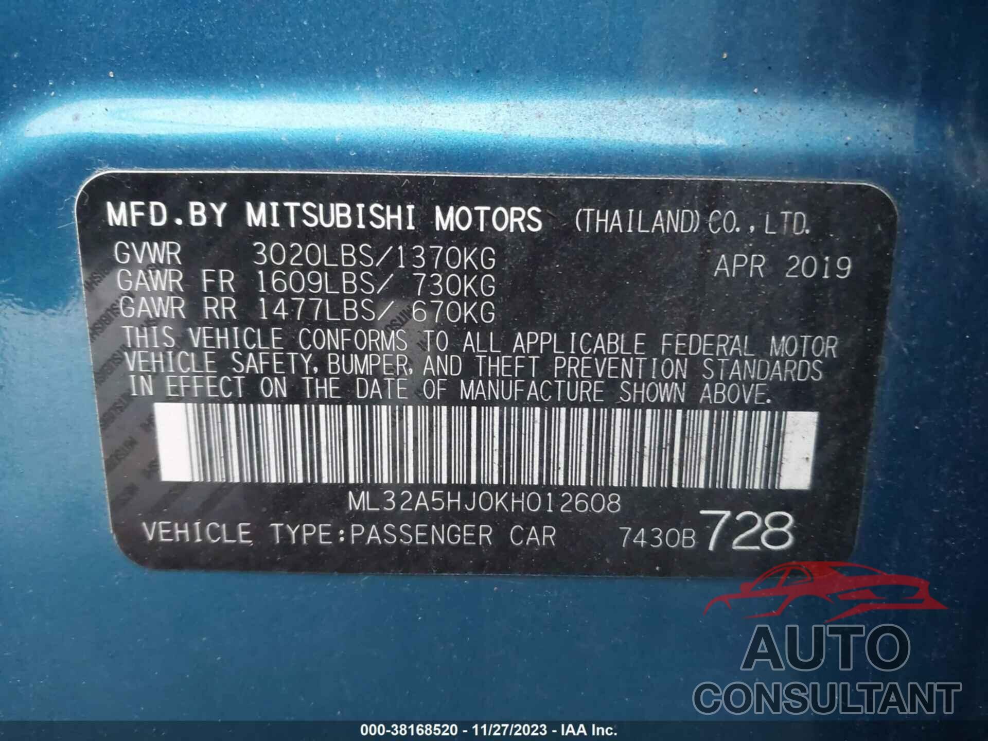 MITSUBISHI MIRAGE 2019 - ML32A5HJ0KH012608